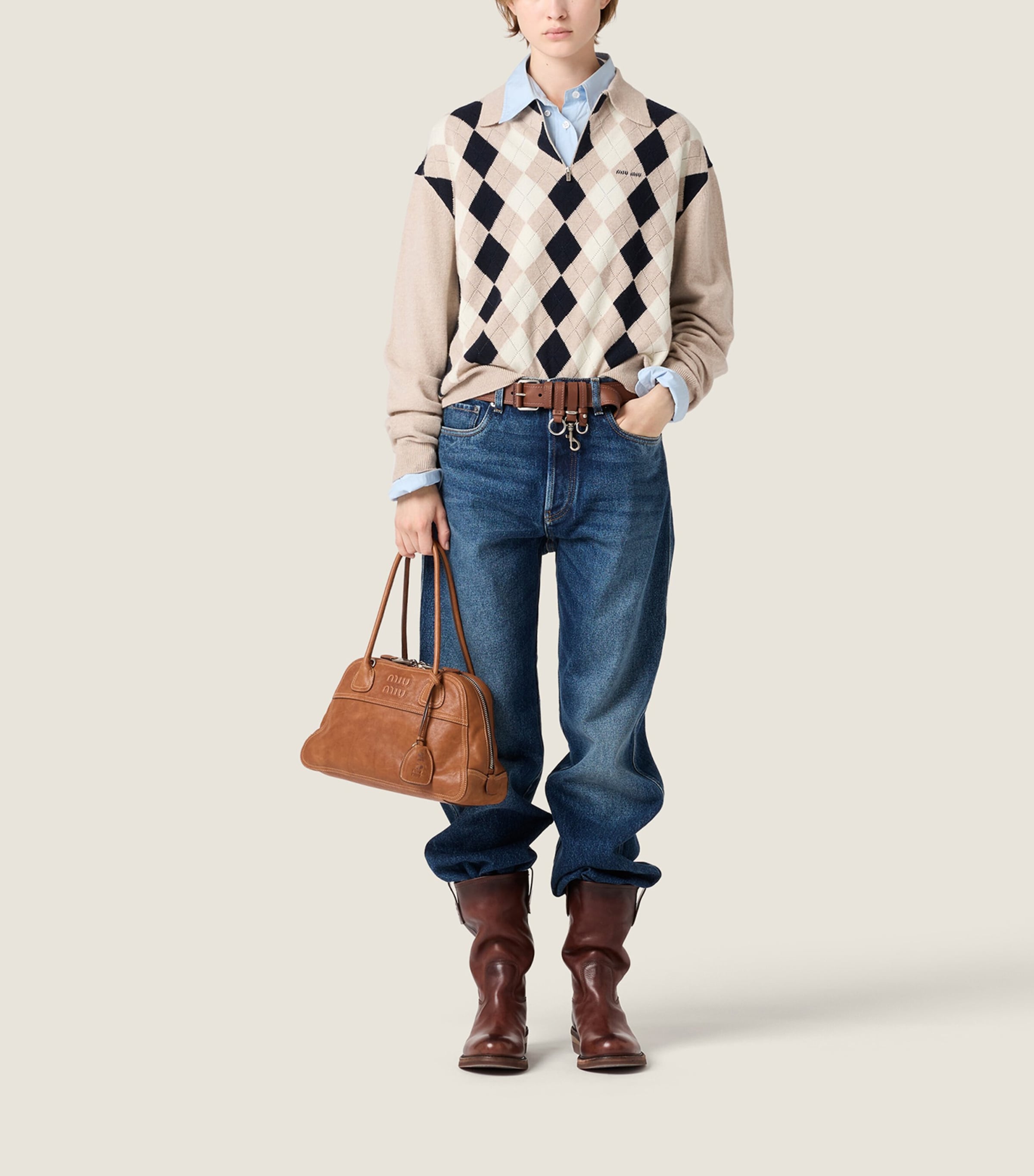 Miu Miu Womens Cashmere Argyle Polo Sweater Neutral Image 2