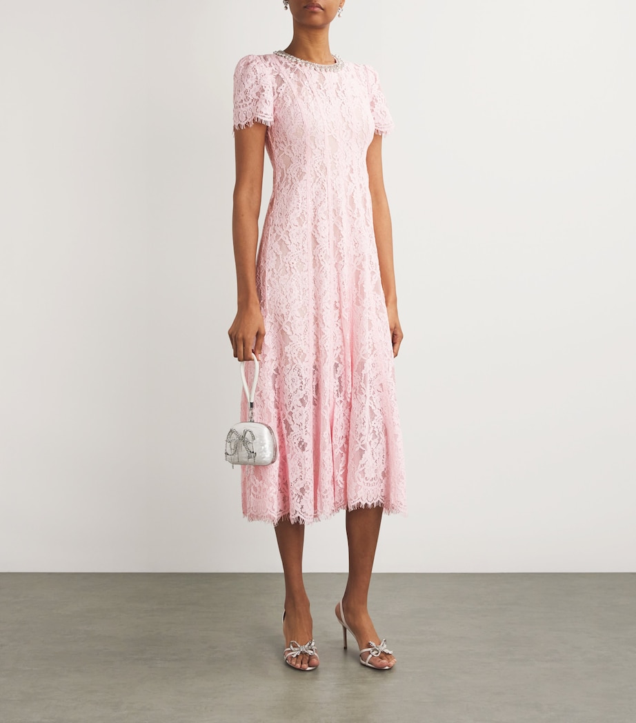 Pearl Belt Flattering Silhouette Lace-Embellished Midi Dress Pearl Belt Flattering Silhouette Lace-Embellished Midi Dress