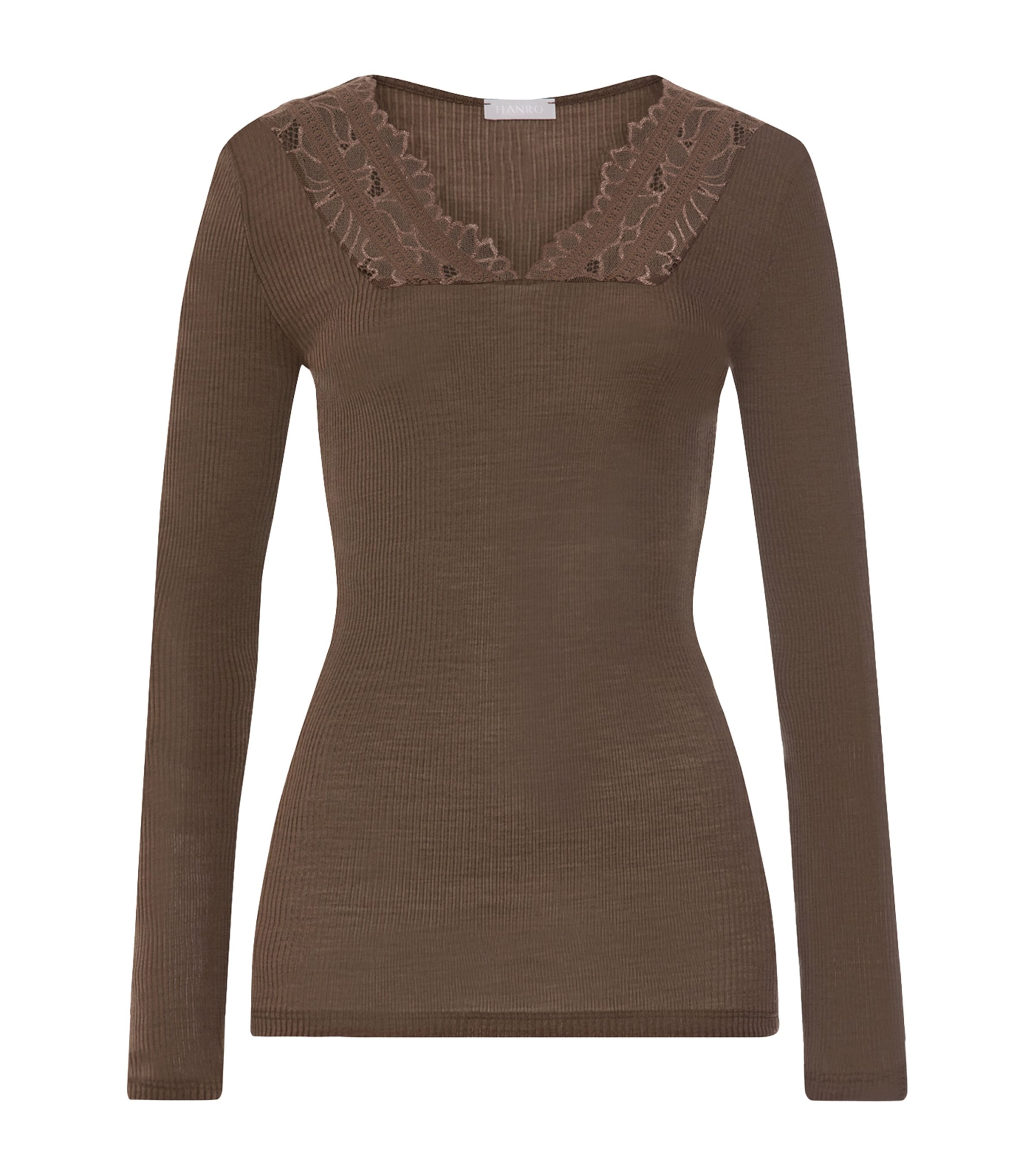 Hanro Womens Wool-Silk Lace-V-Neck Top Natural Teak Image 1