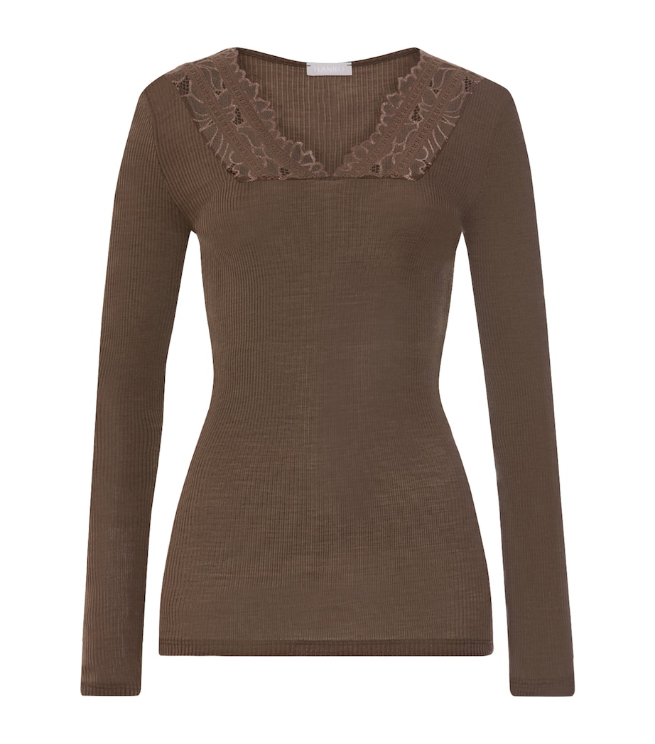 Hanro Womens Wool-Silk Lace-V-Neck Top Natural Teak Image 1