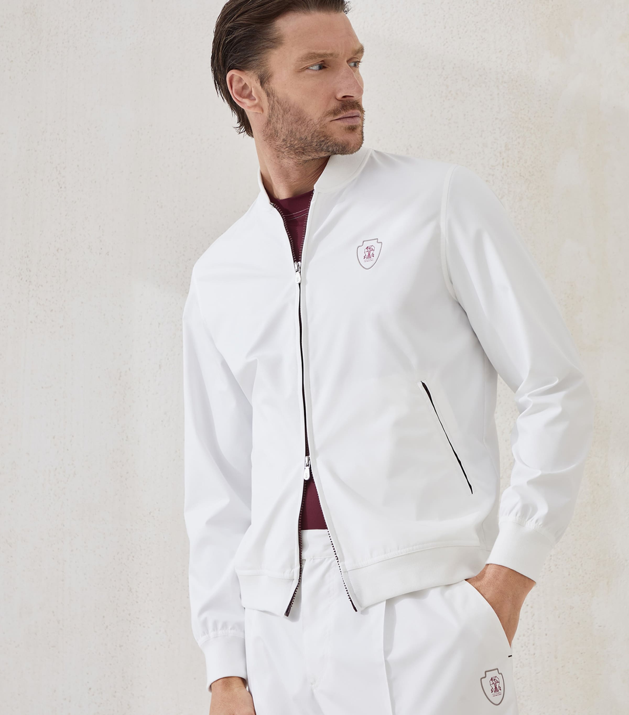 Brunello Cucinelli White Logo Zip-Up Jacket | Harrods US