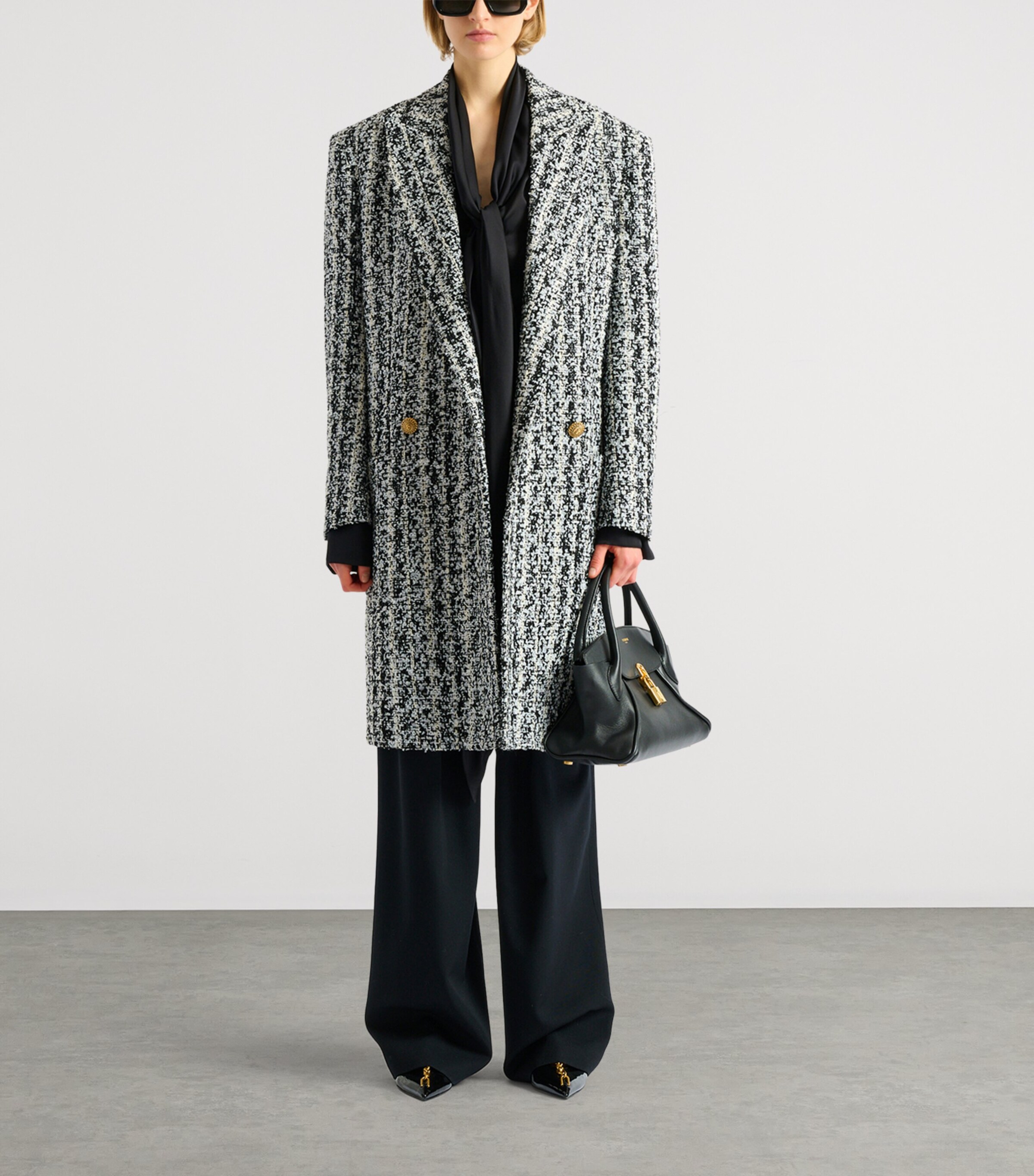 Balmain Womens Tweed Overcoat Eab Noir/blanc Image 3