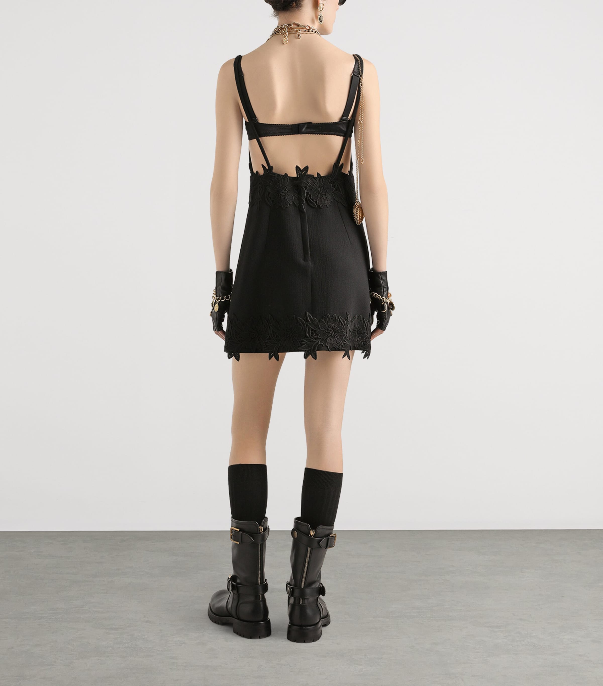 Floral-Appliqué Mini Dress N0000-BLACK Image 3