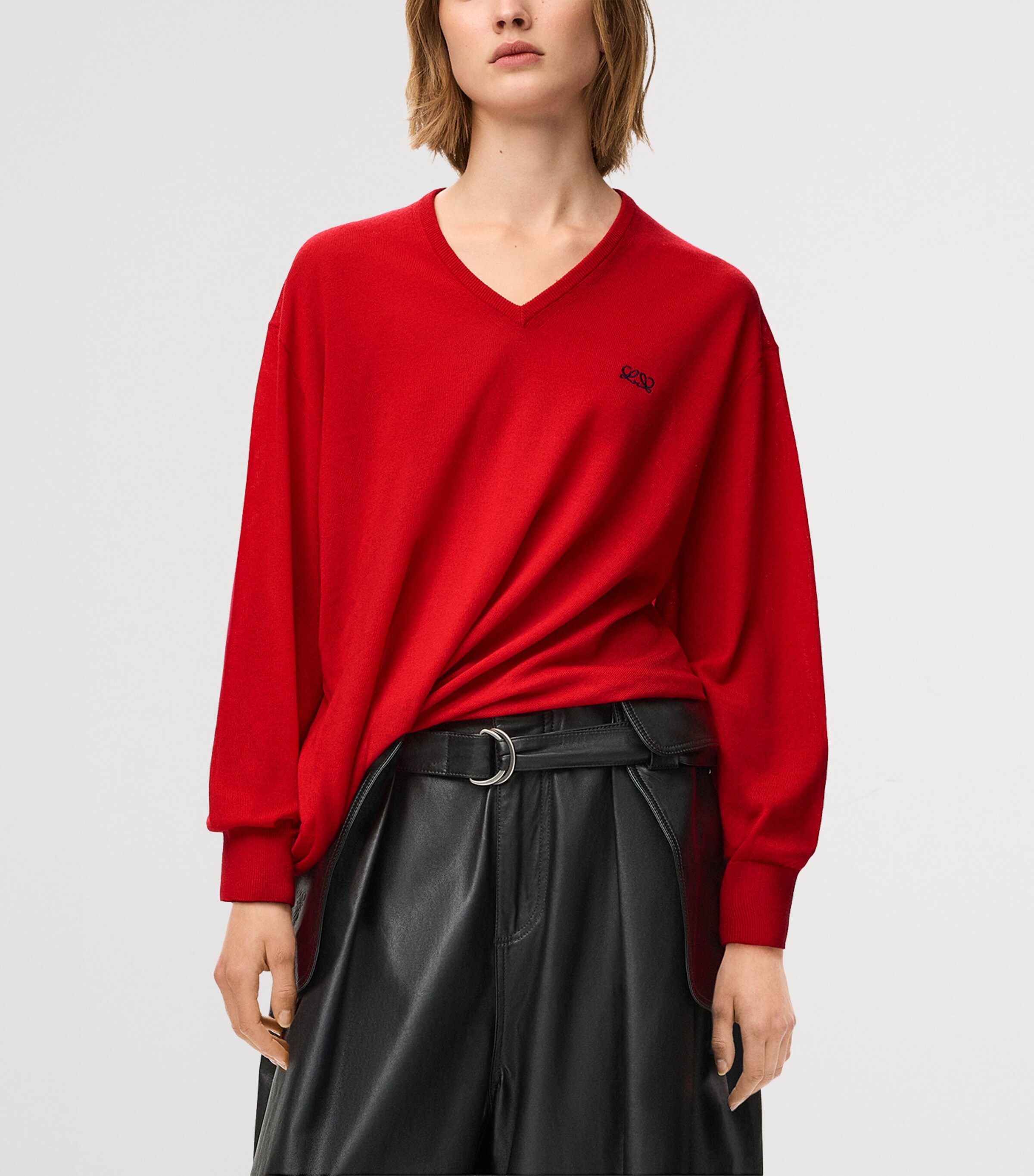 LOEWE Womens Wool-Blend V-Neck Sweater Red Image 3