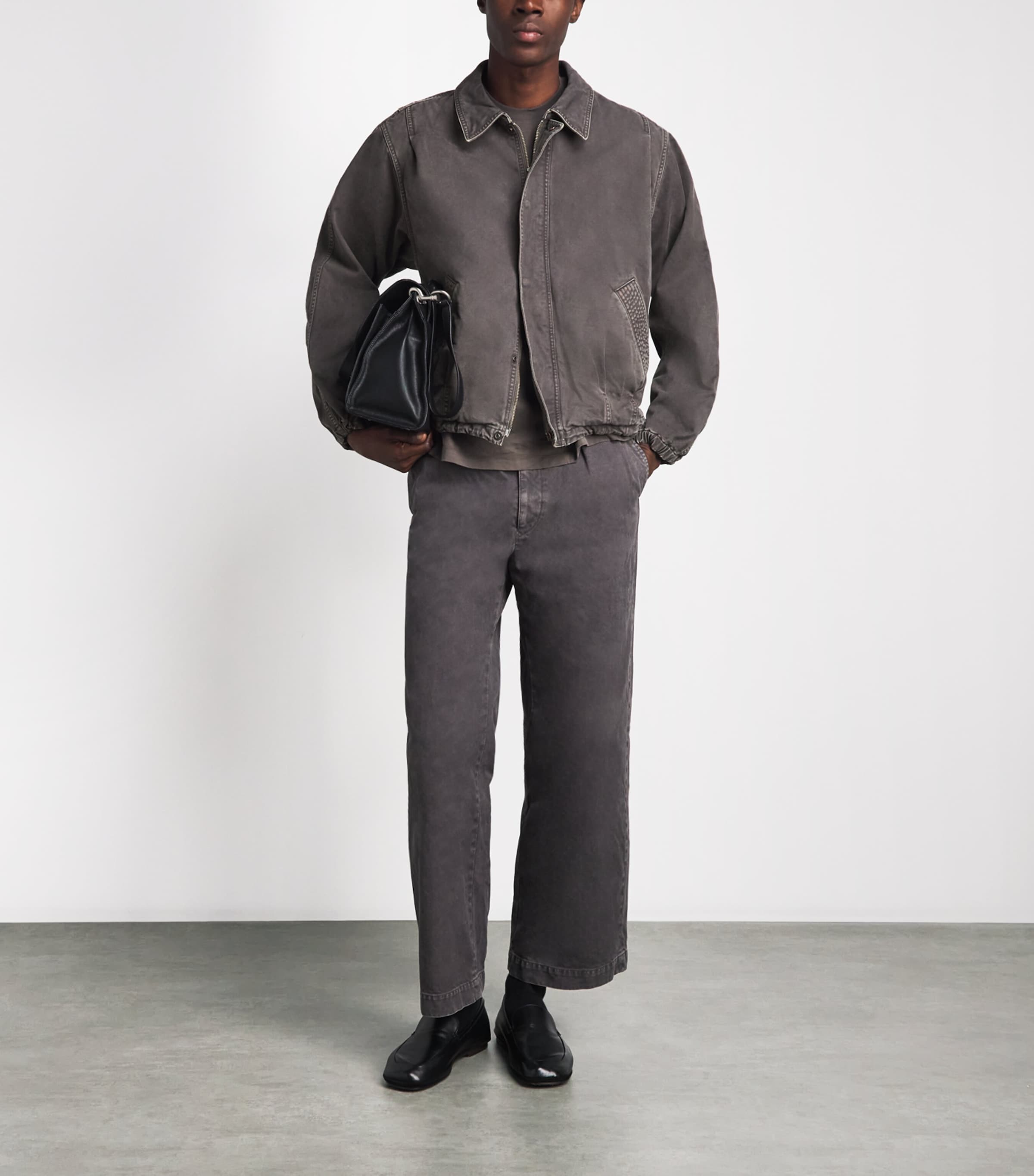 YOKE Mens Garment-Dyed Bomber Jacket Charcol Brown Image 2