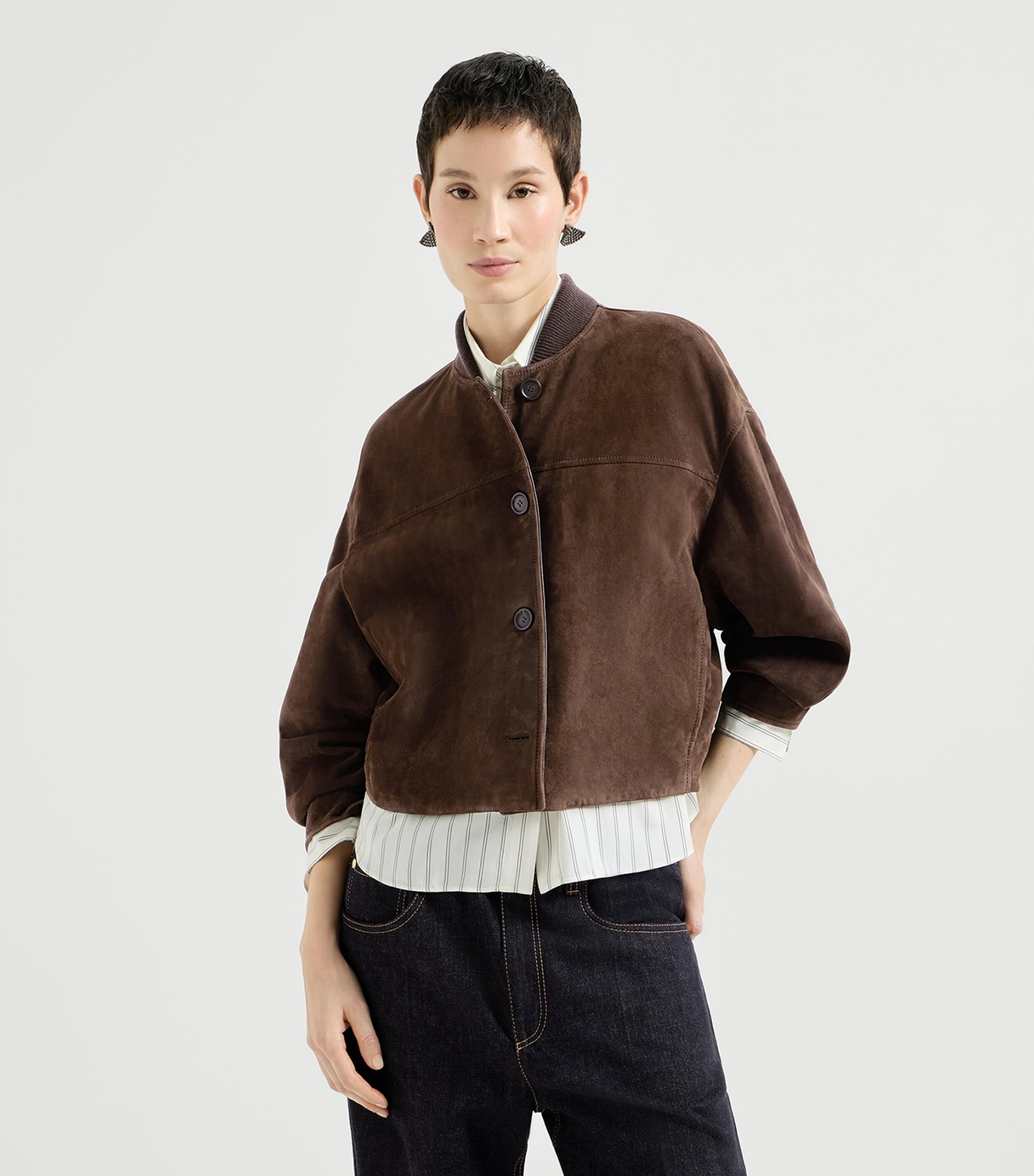 Brunello Cucinelli Womens Suede Monili Bomber Jacket Brown Image 4