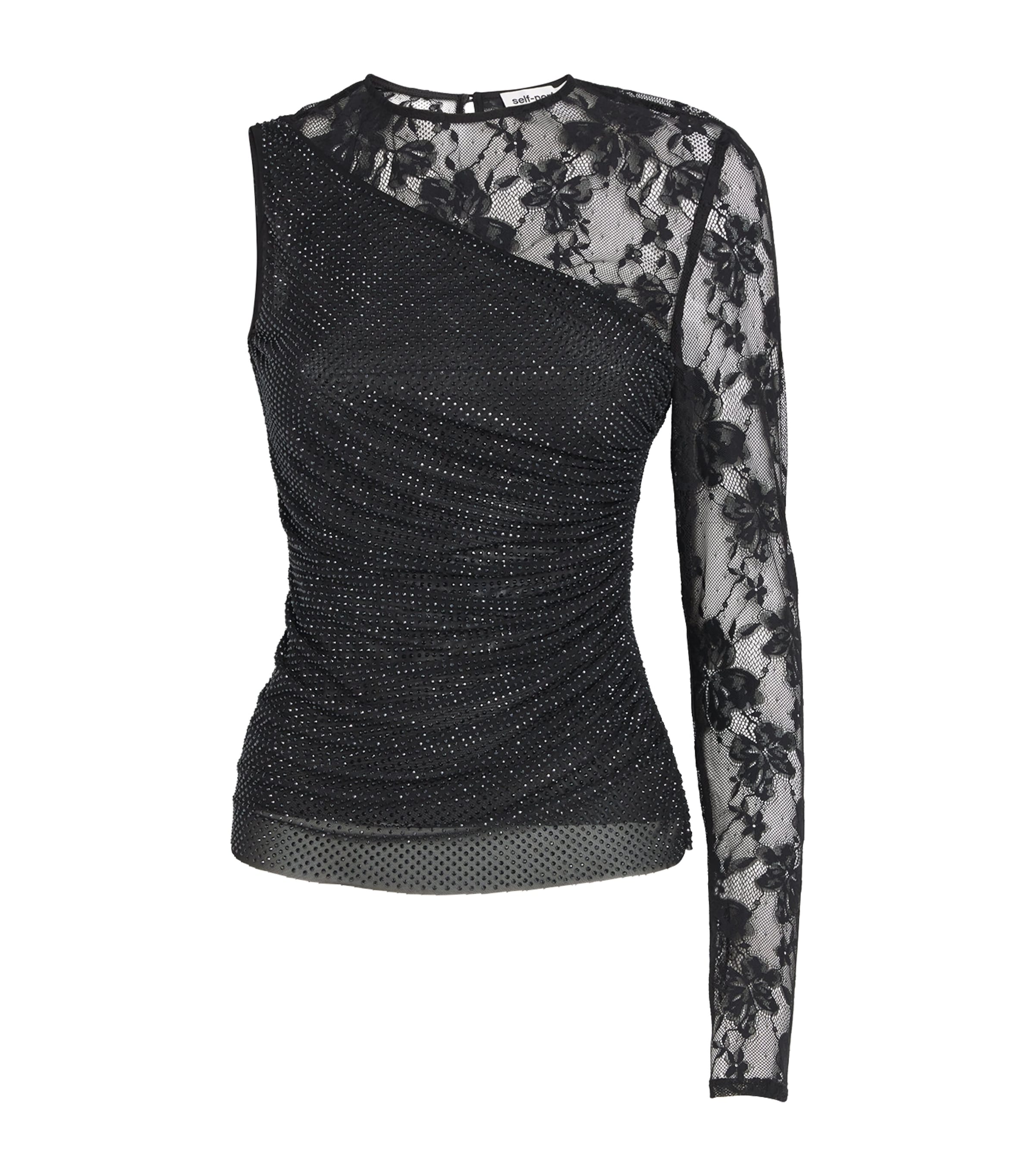 Self-Portrait Rhinestone-Lace One-Shoulder Top | Harrods US