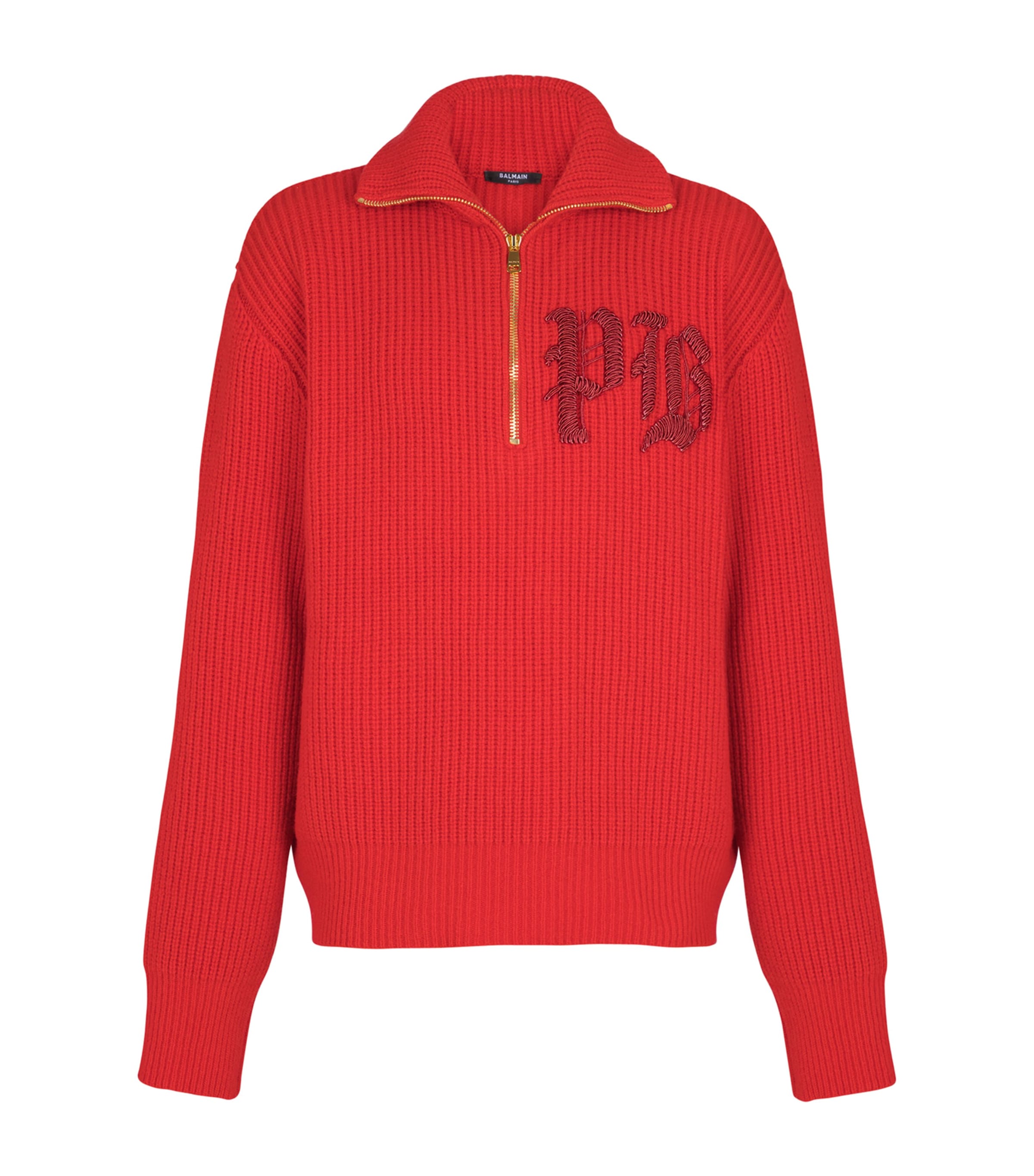 Balmain Ribbed Turtleneck Half-zip Sweater In Red