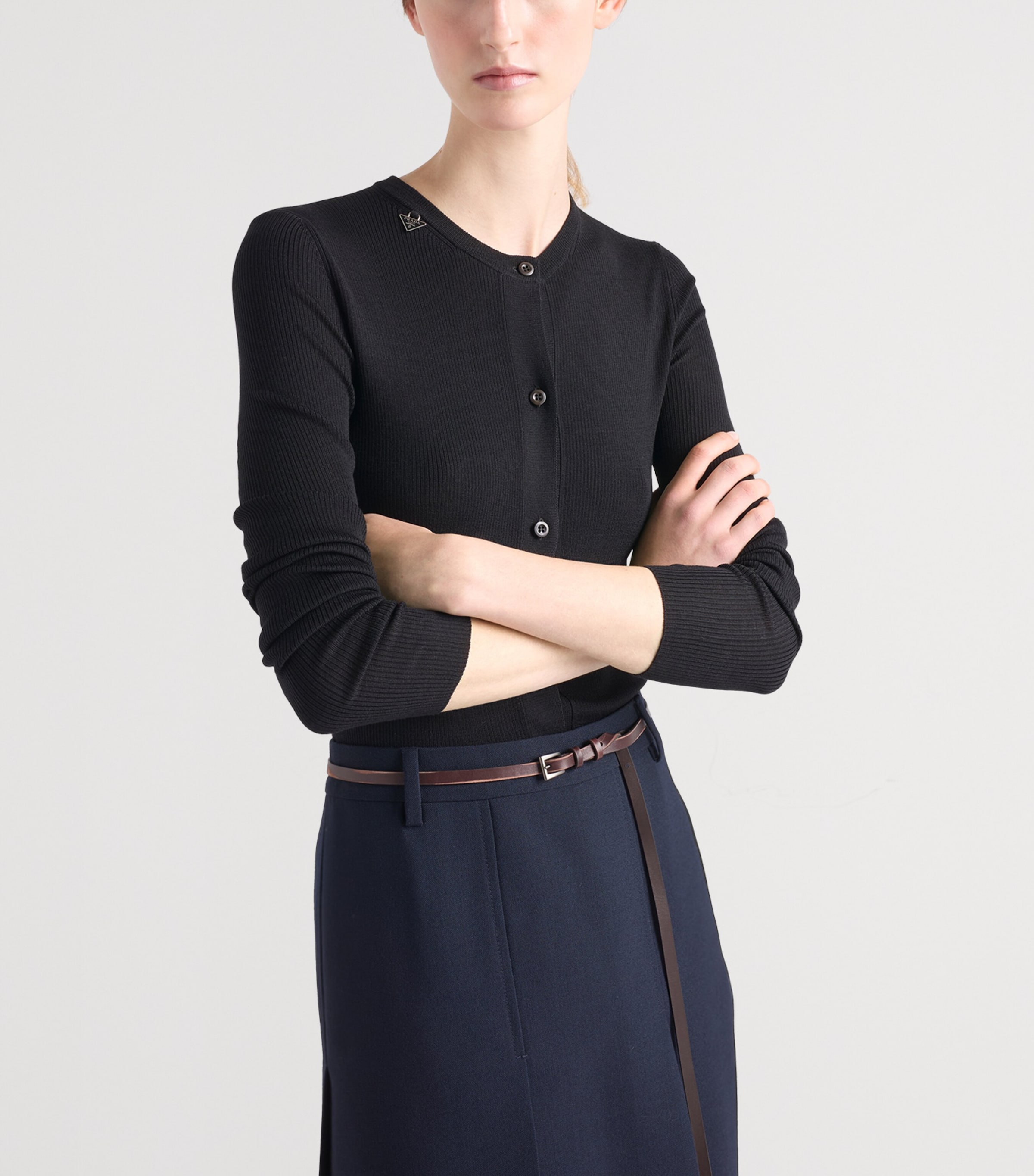 Prada Womens Wool Ribbed Slim Cardigan Image 3