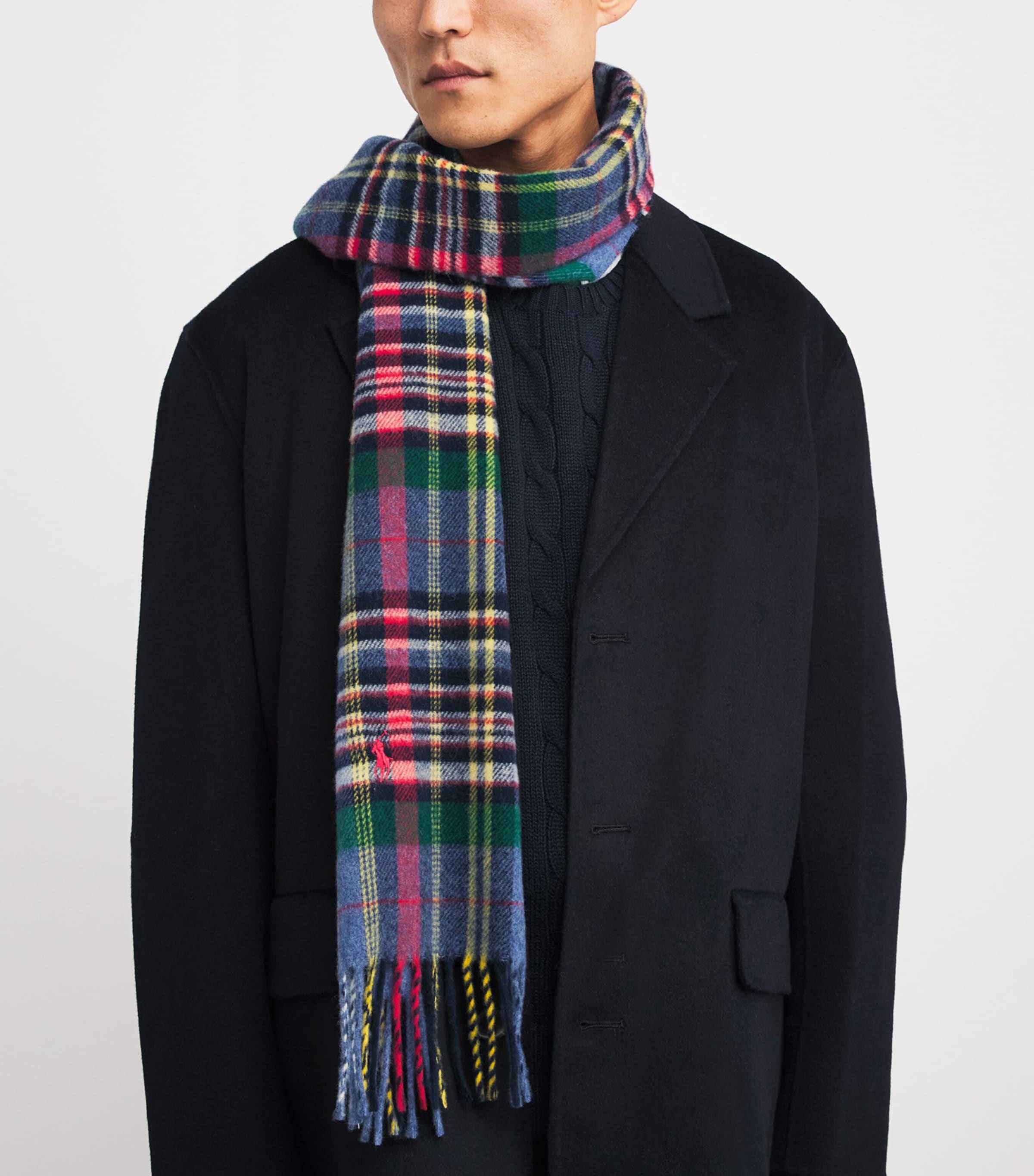 Wool Check Fringed Scarf BLUE Image 2