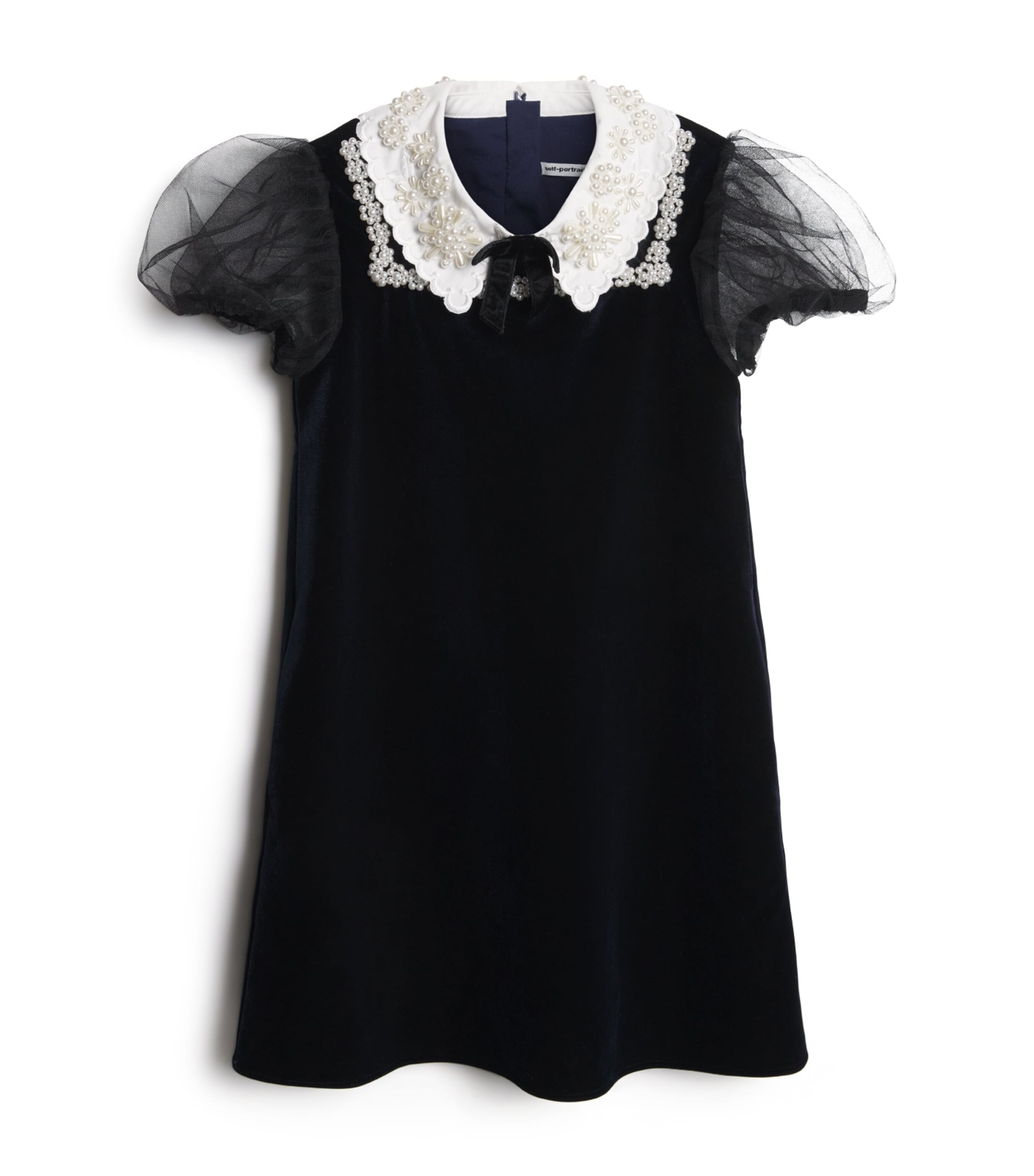 Self-Portrait Kids Velvet Flower-Trim Dress (3-12 Years) Navy Image 1