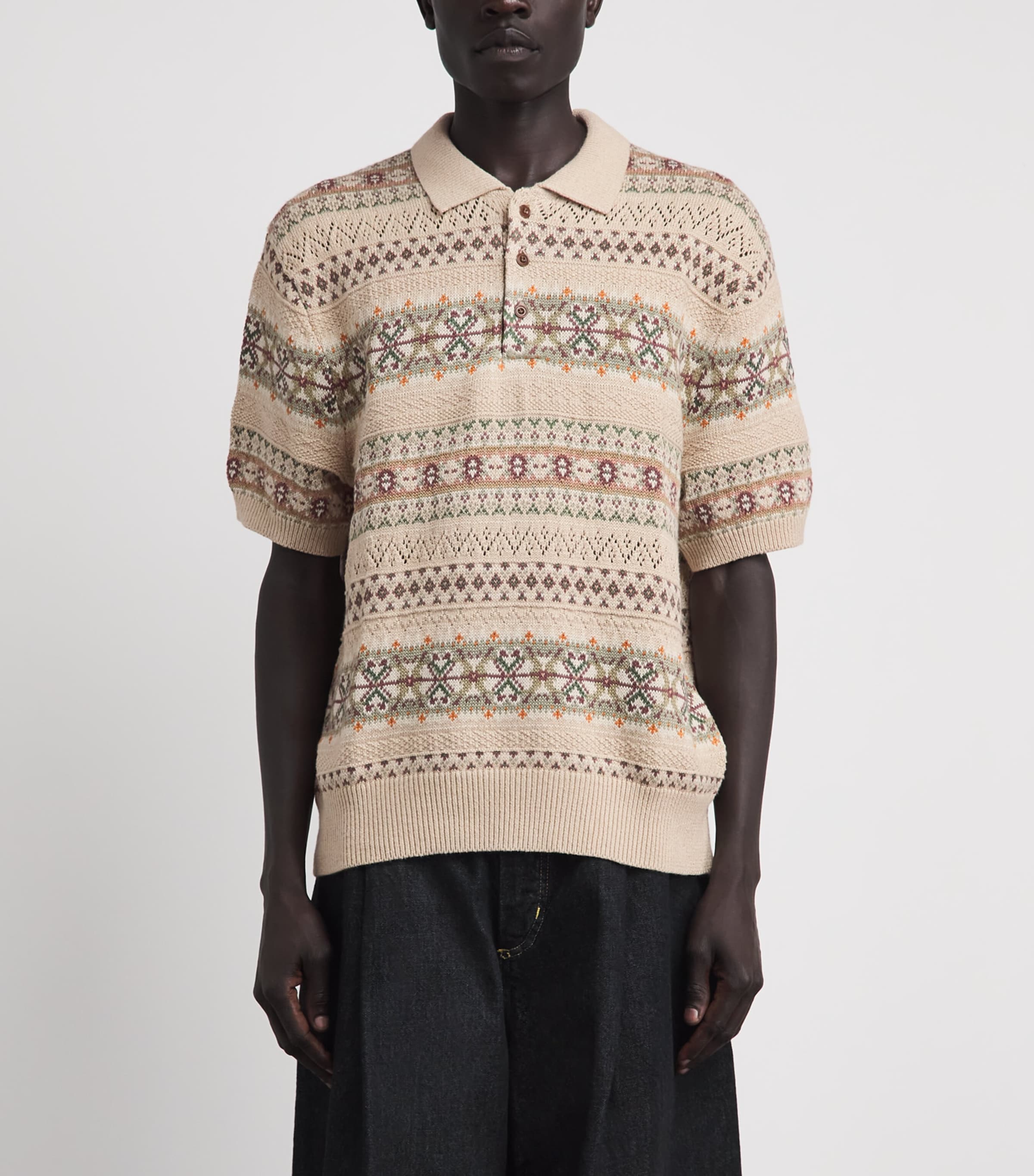 Polo Ralph Lauren Mens Linen-Cotton Fair Isle Polo Sweater Tan Combo Image 4
