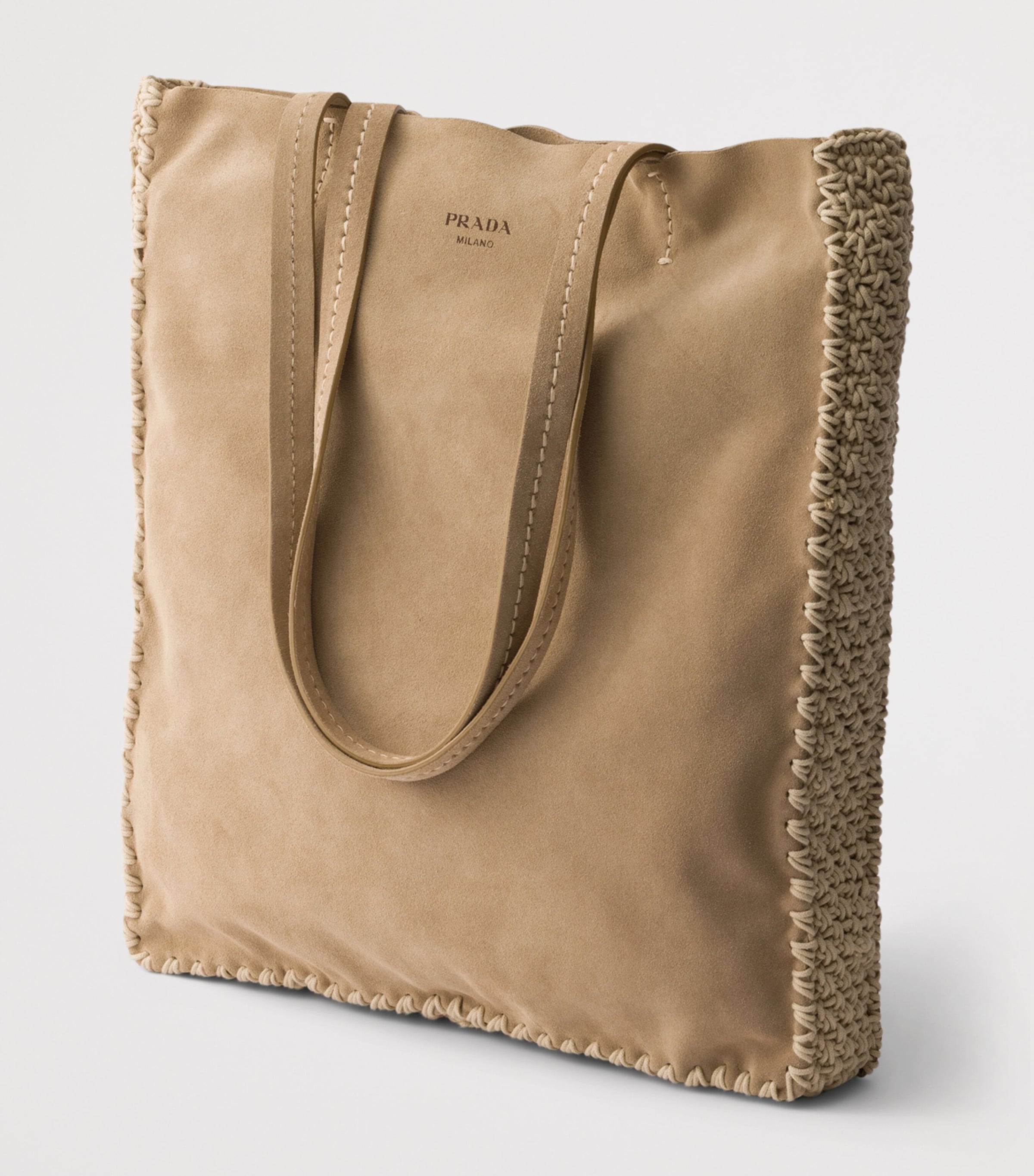 Prada Large Suede and Crochet Tote Bag Neutral Image 3
