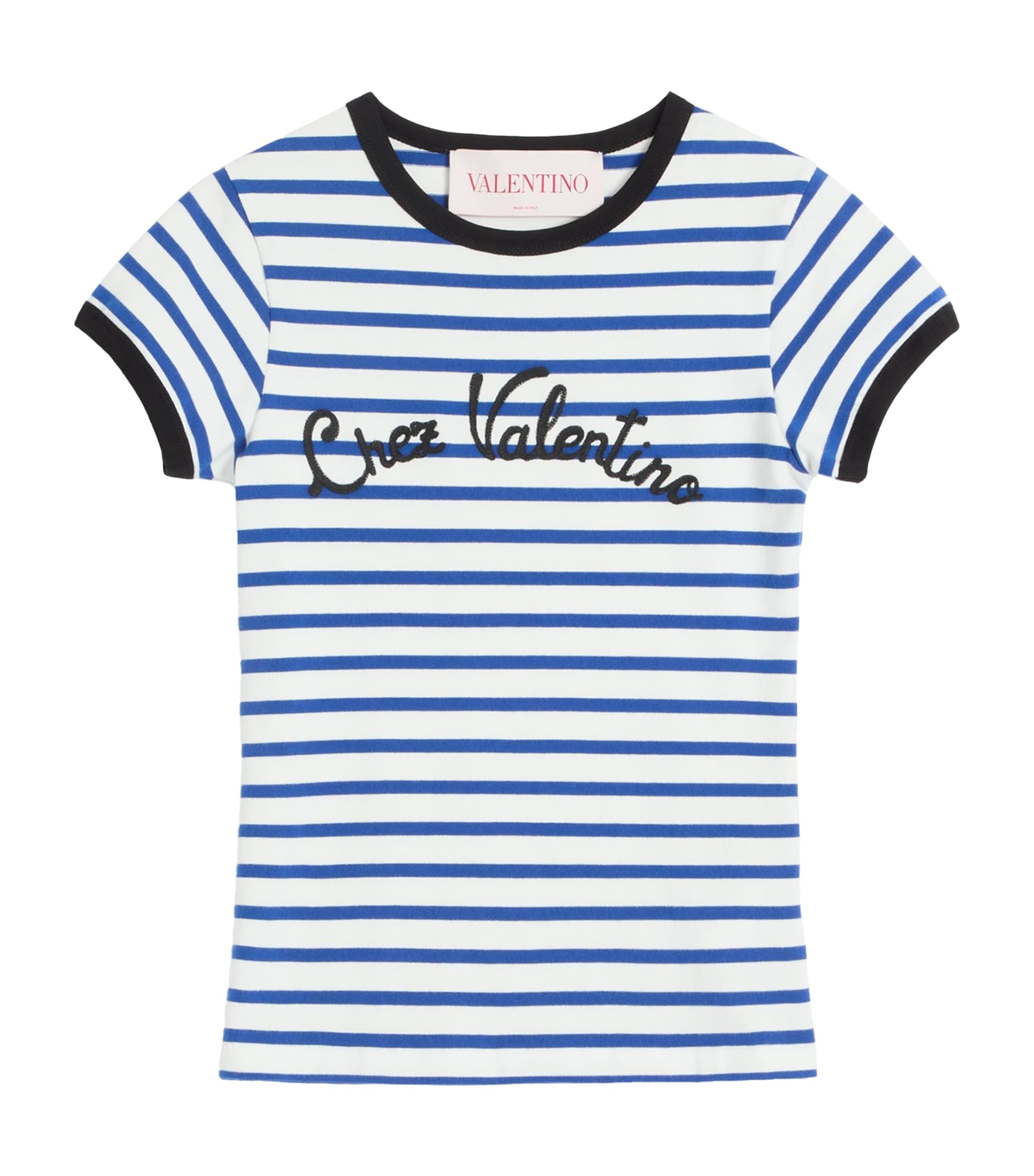 Valentino Womens Striped Embroidered Cotton-jersey T-shirt Avorio Blu