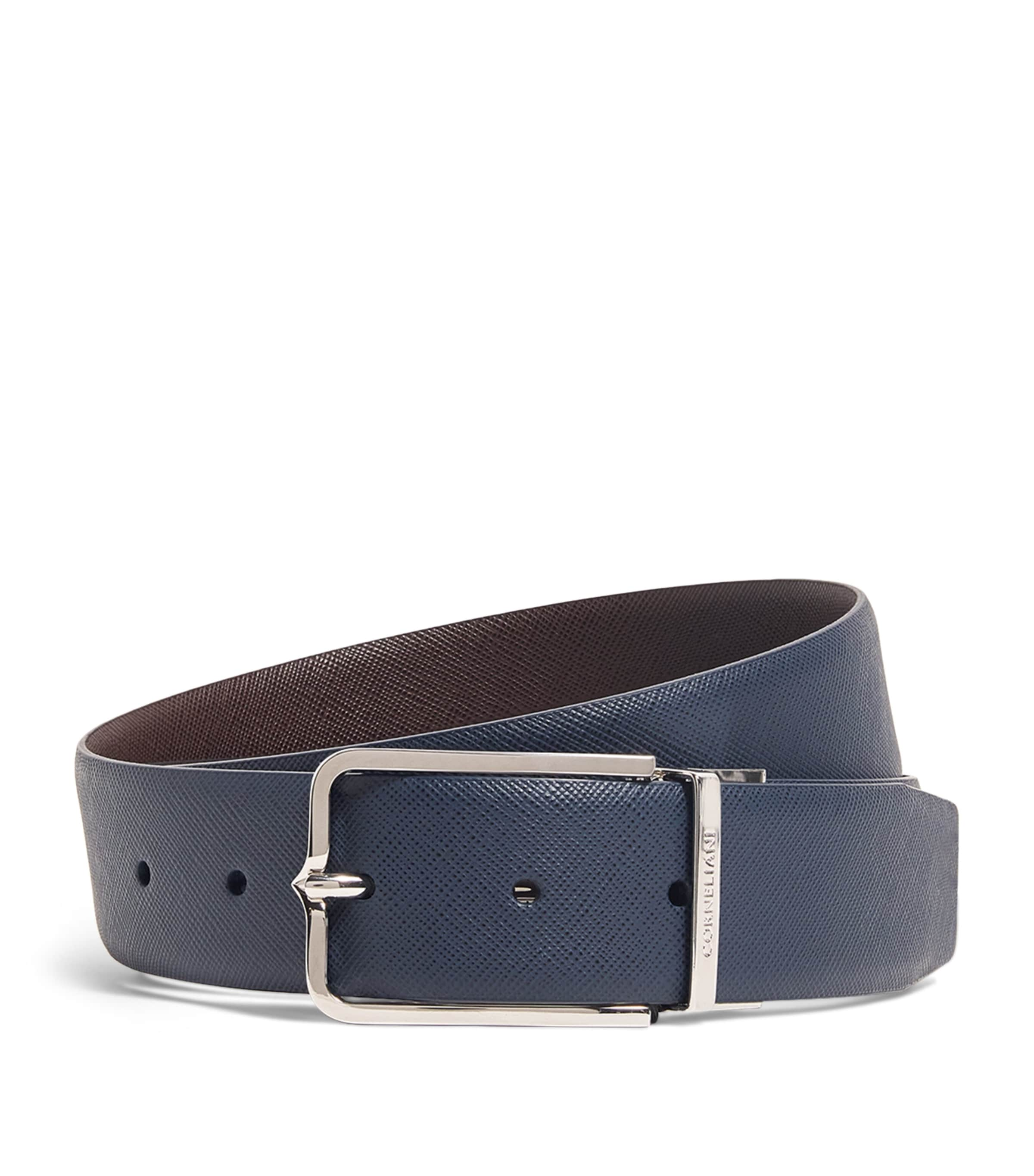 Corneliani Grained Leather Reversible Belt In Navy