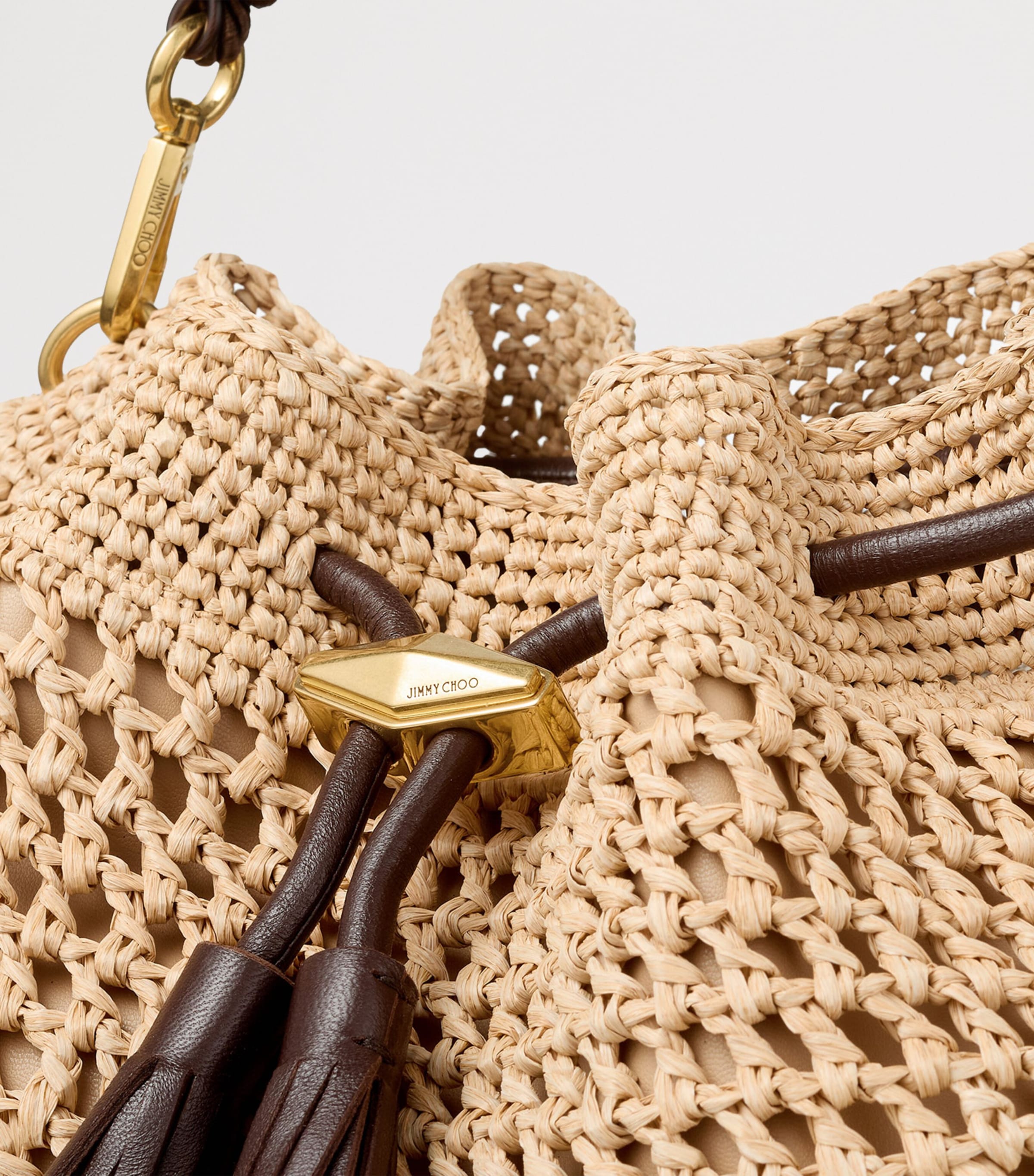 Jimmy Choo Medium Raffia Crochet Cinch Bucket Bag Natural/chocolate/go Image 5