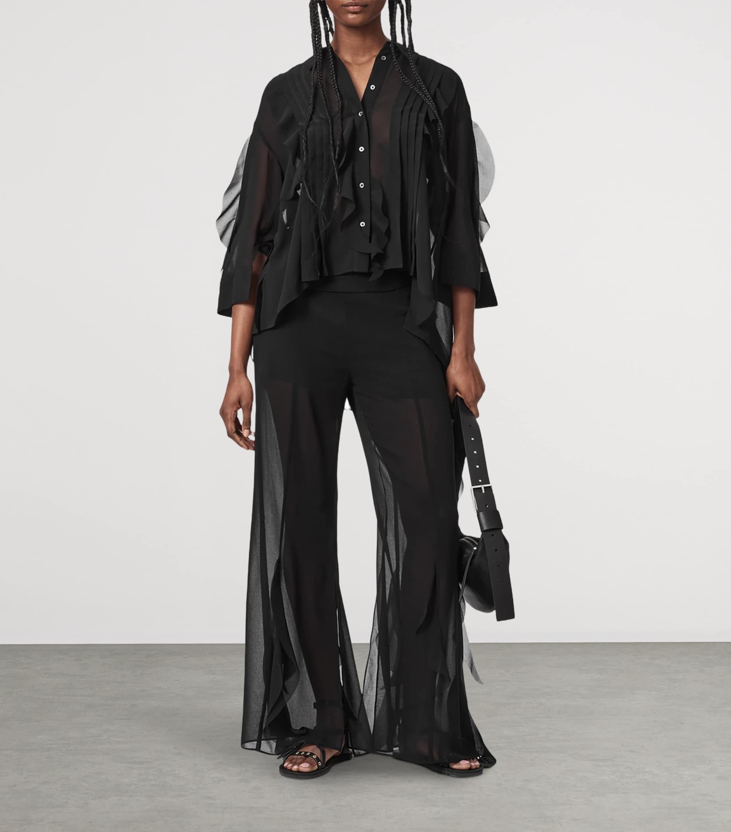 AllSaints Womens Chiffon Frill-Trim Minna Shirt Black Image 5