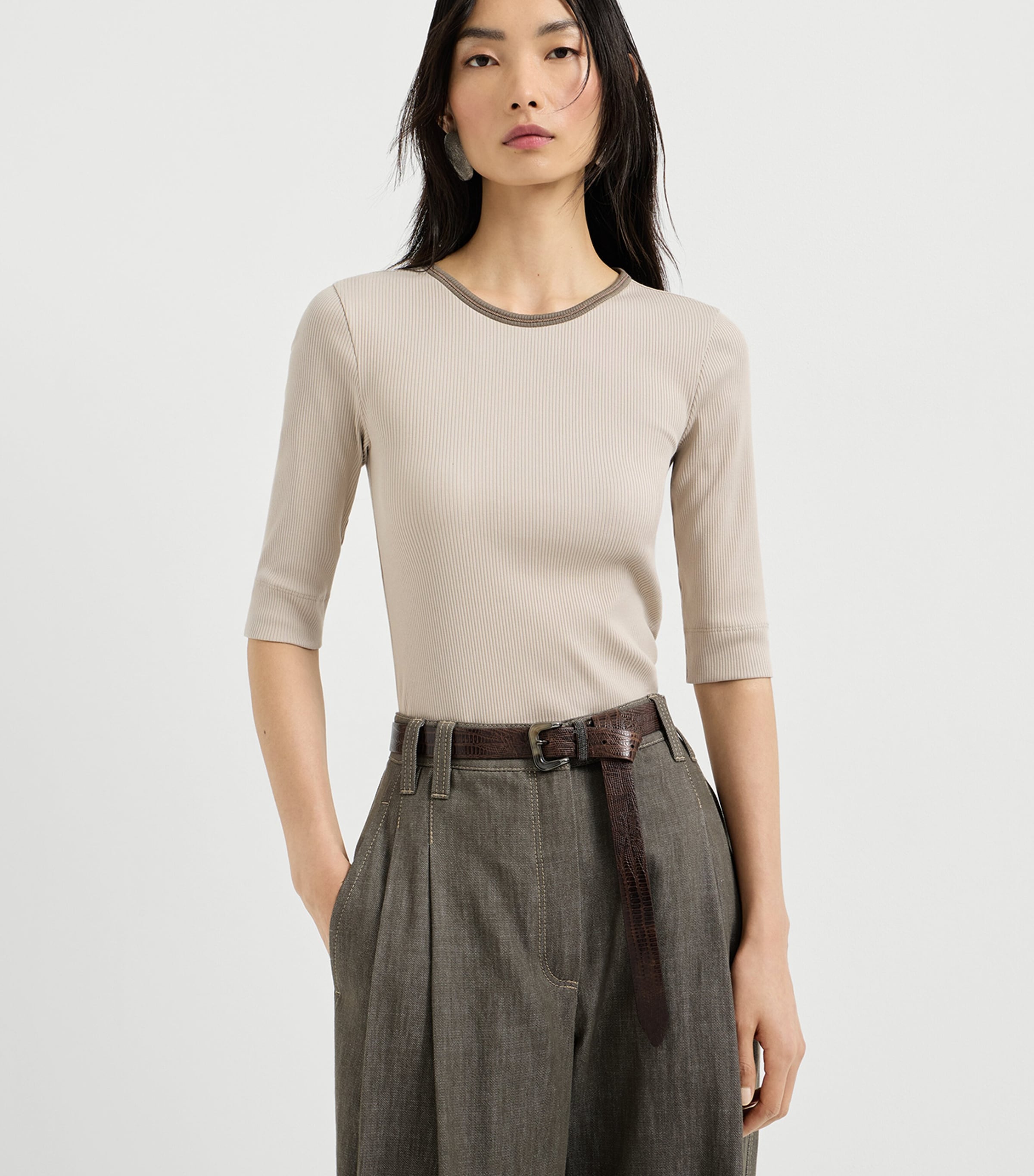 Brunello Cucinelli Womens Stretch-Cotton Ribbed T-Shirt Image 3
