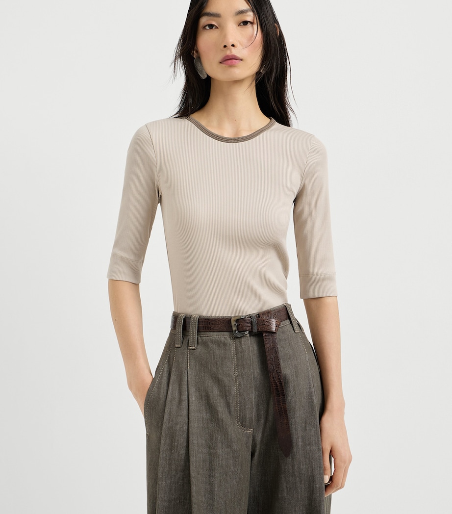 Brunello Cucinelli Womens Stretch-Cotton Ribbed T-Shirt Image 3