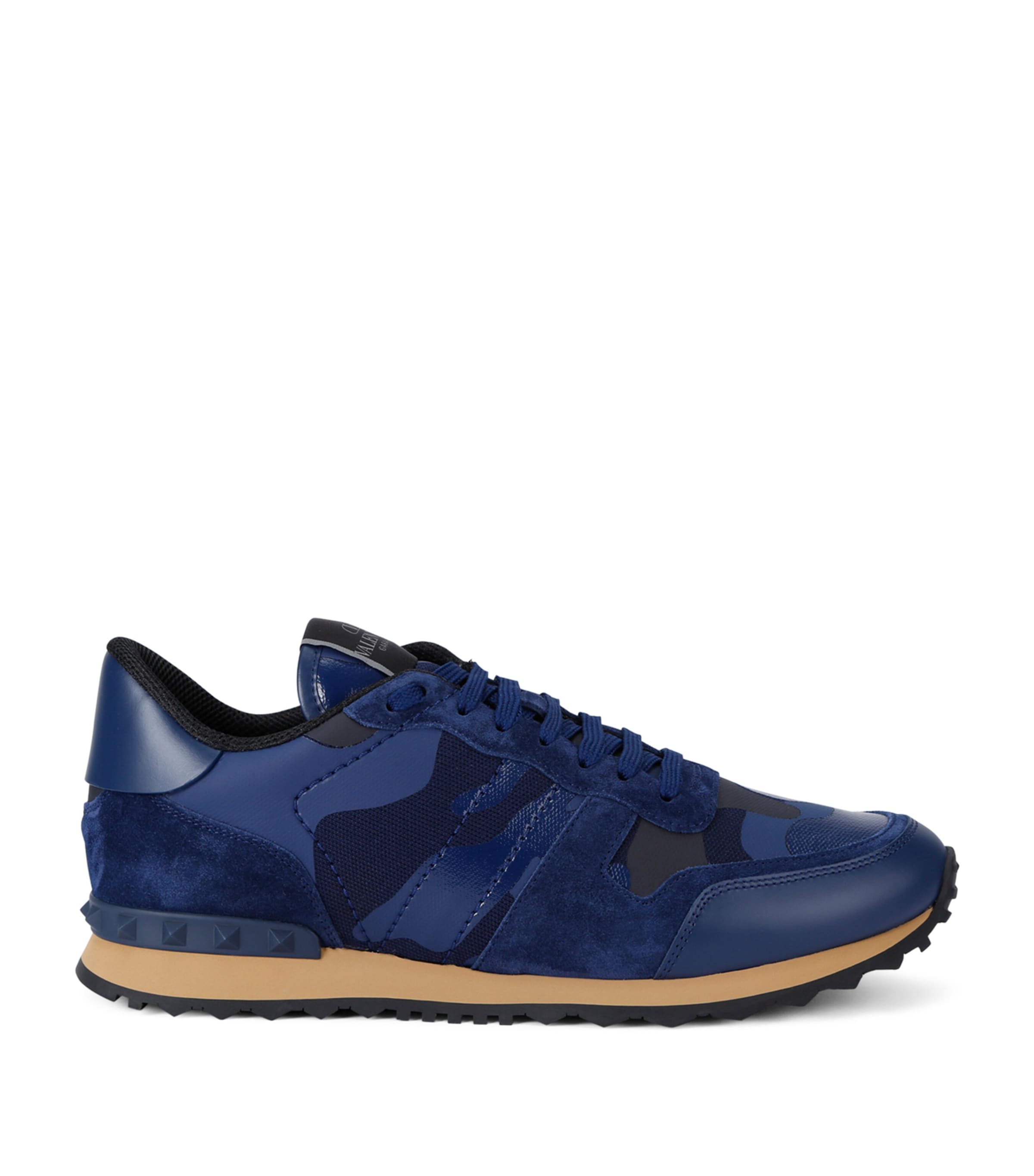 Valentino Mens Blue Rockrunner Camouflage-pattern Mesh And Leather Low-top Trainers In Blue