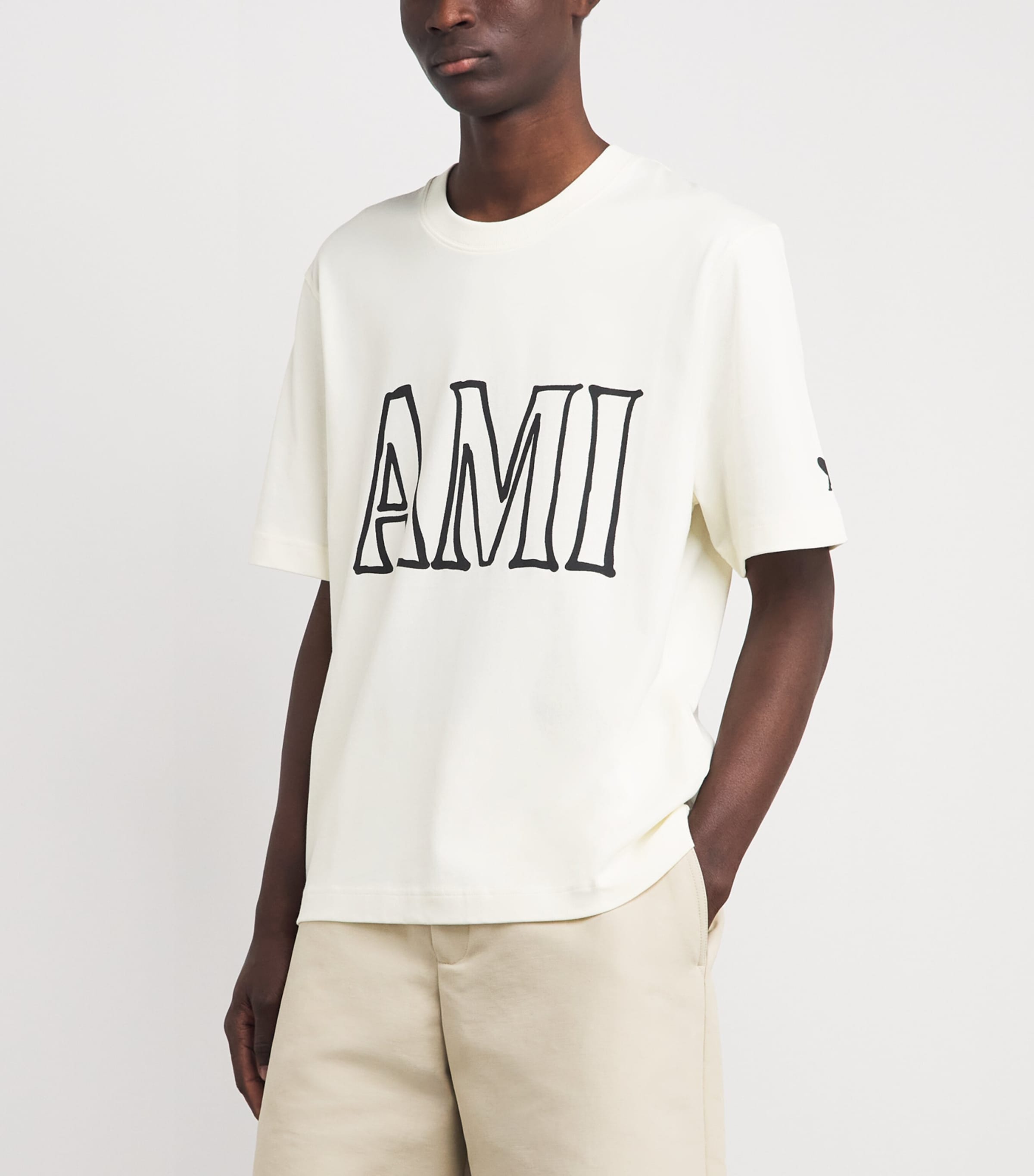 AMI Paris Mens Cotton Logo Boxy T-Shirt Blanc Creme Image 4