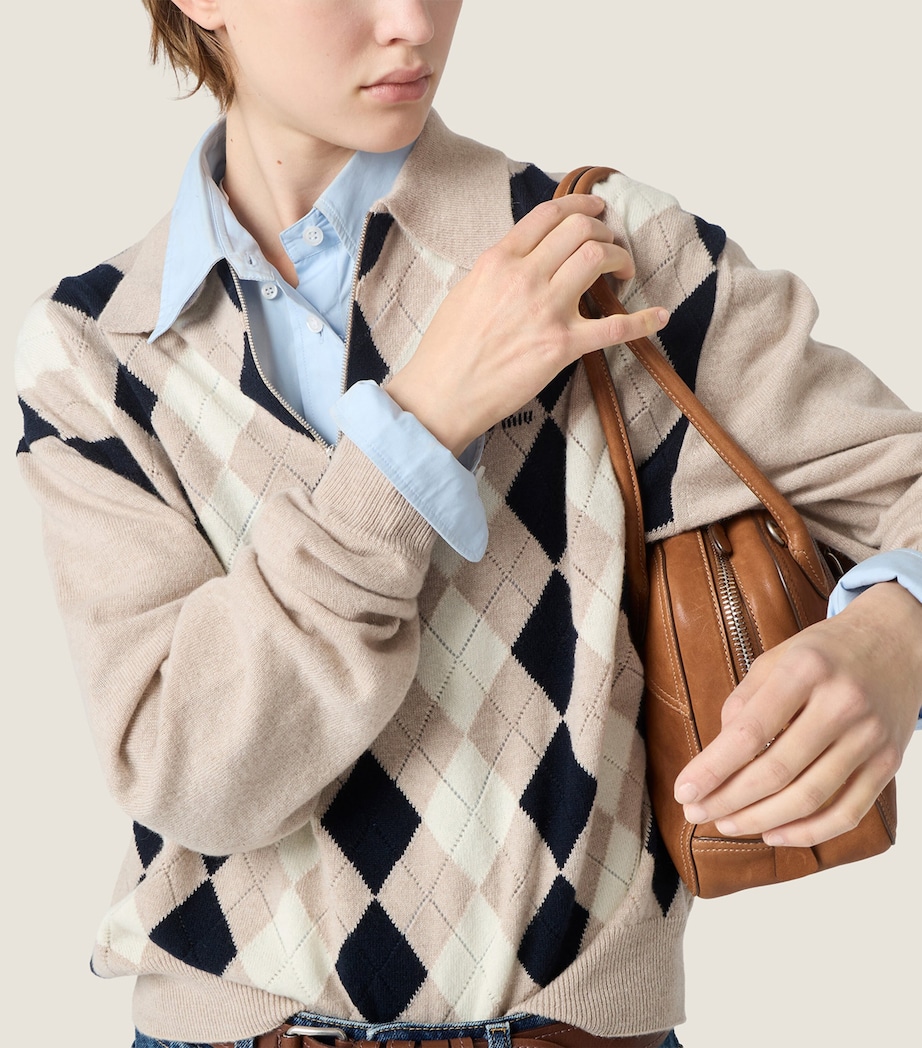 Miu Miu Womens Cashmere Argyle Polo Sweater Neutral Image 4