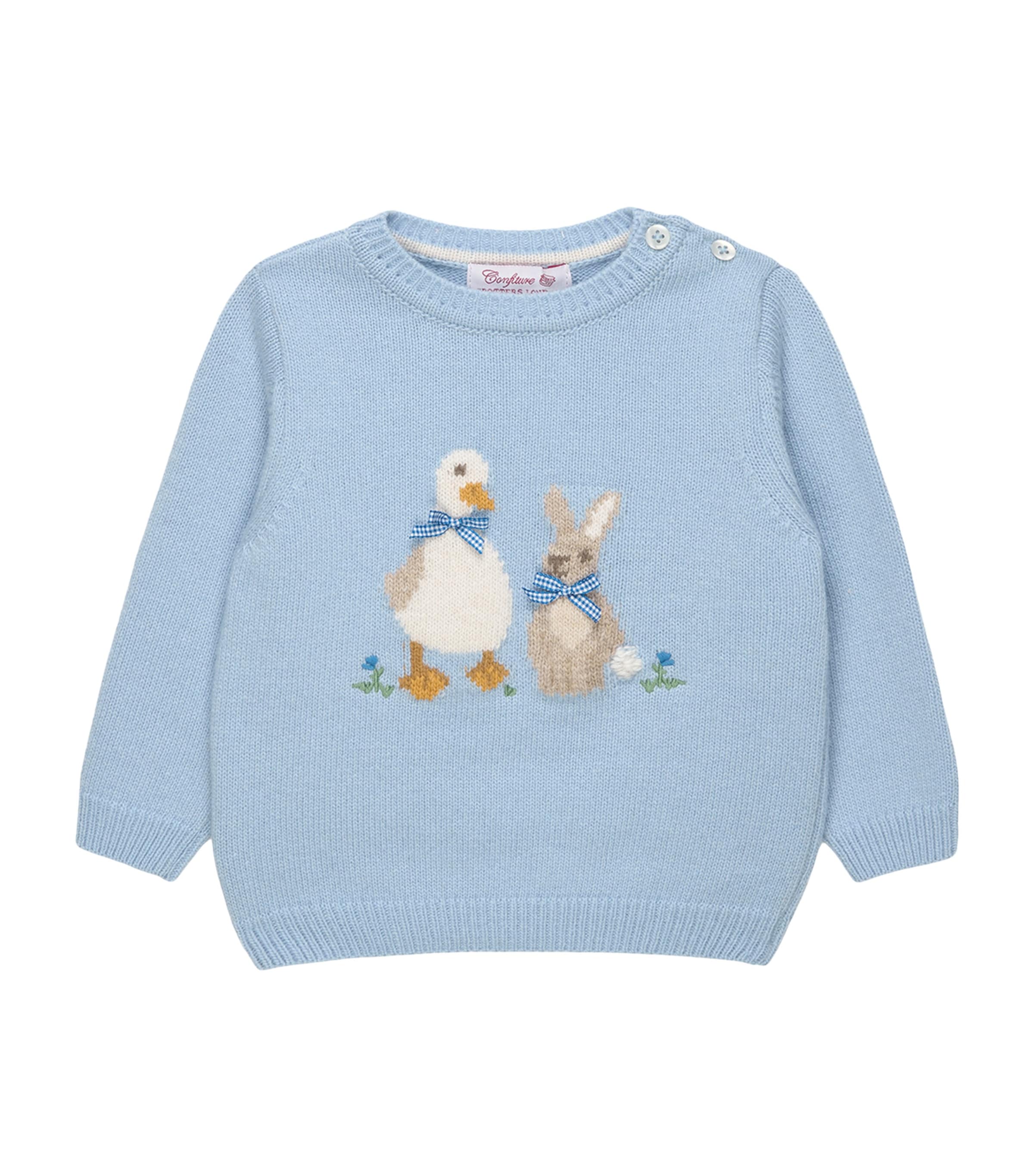 Trotters Kids'  Knitted Duck And Bunny Sweater In Blue