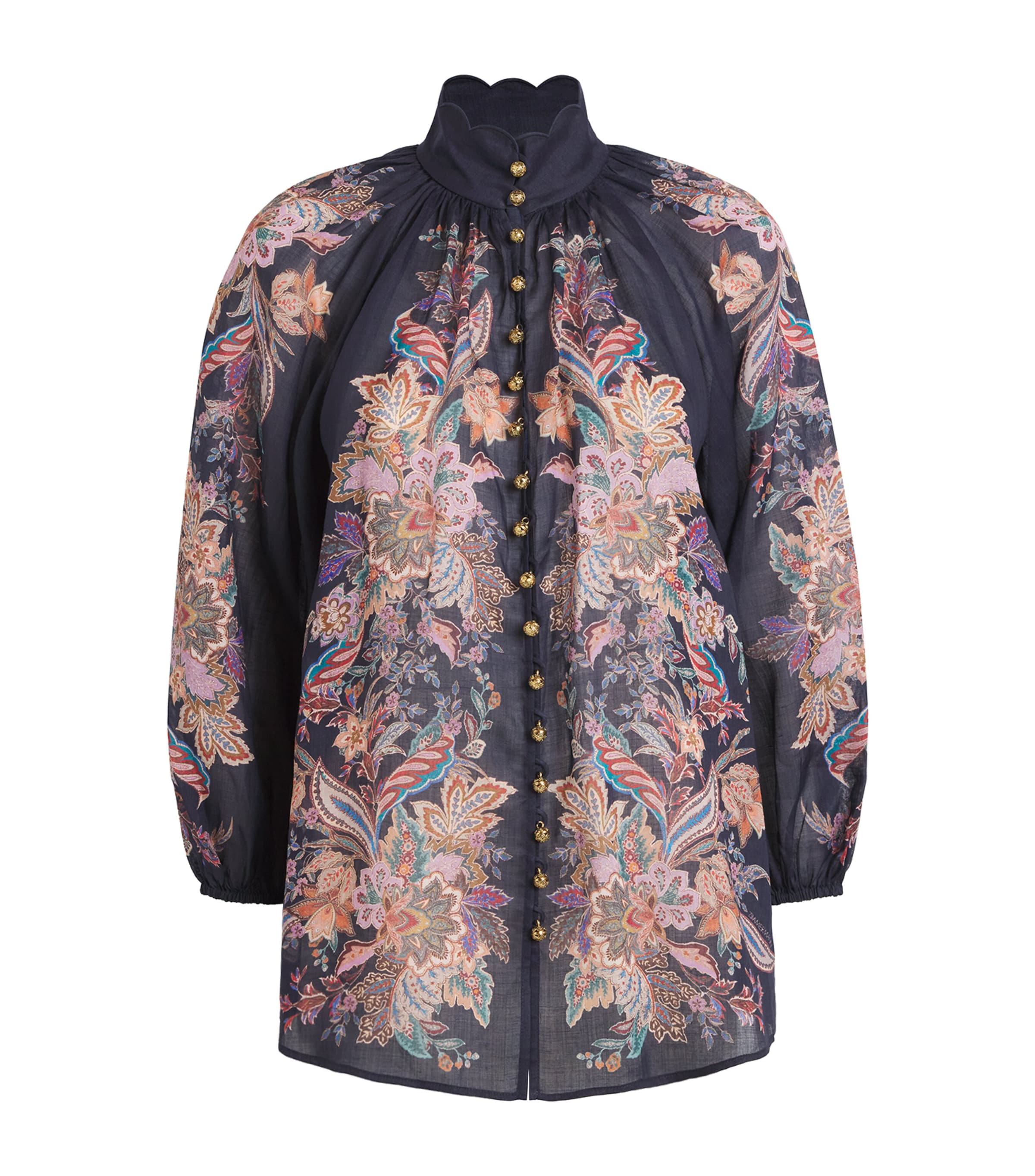 Zimmermann Rhiannon Billow Blue Blouse With High Neck And All-over Paisley Print In Ramie Woman In Blue