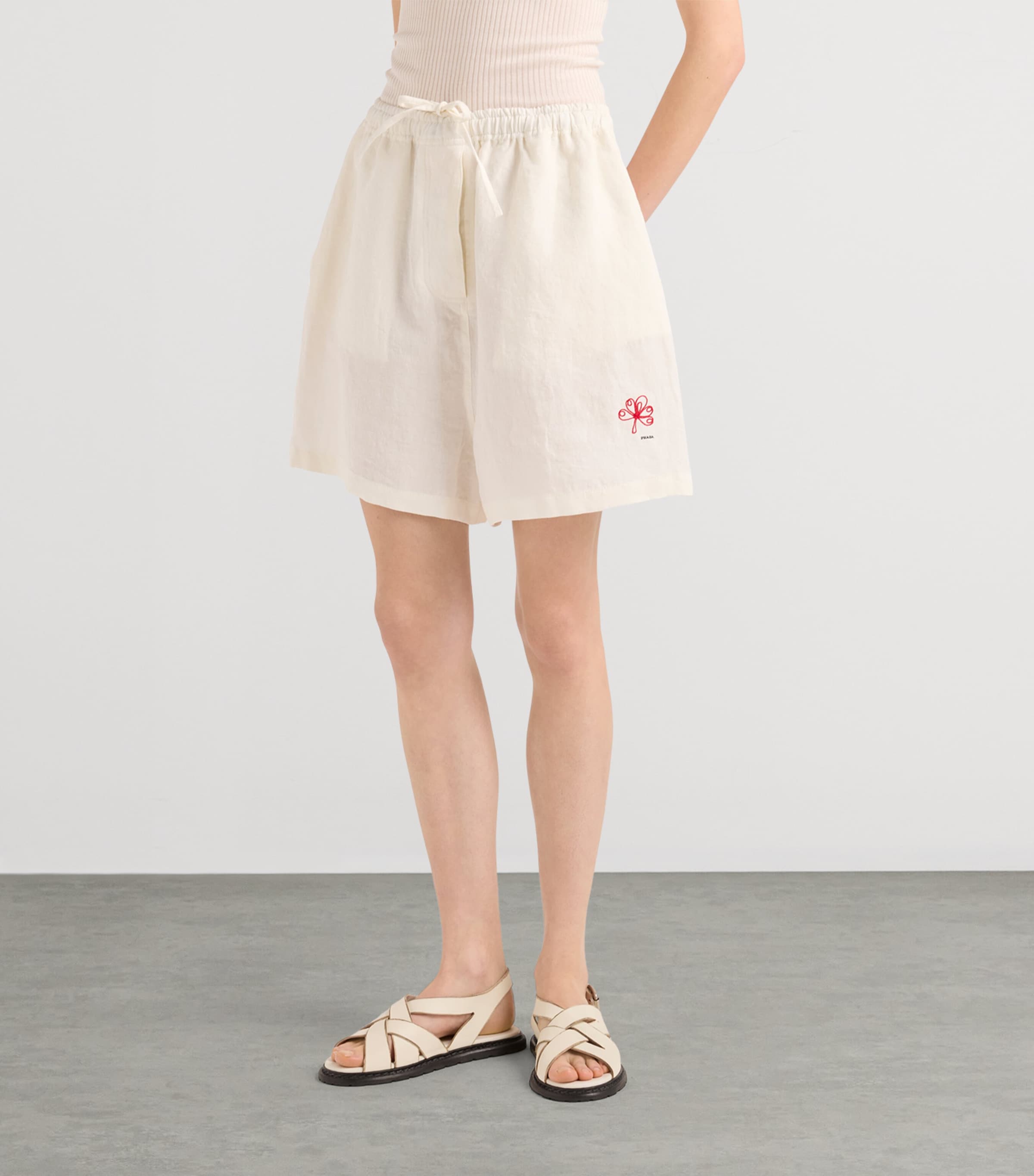 Prada Womens Slubbed Linen Embroidered Shorts White Image 4