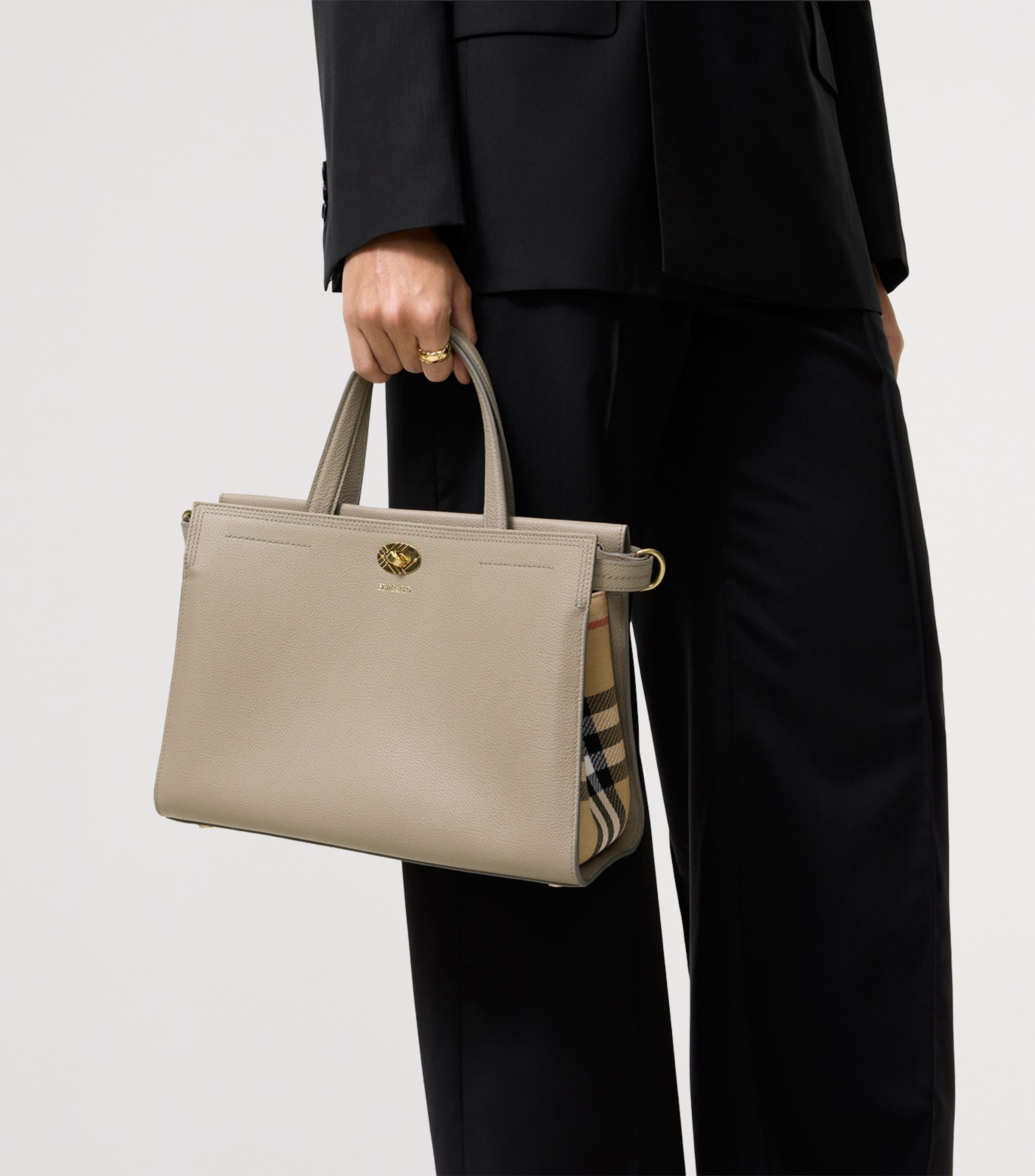 Burberry Womens Small Leather Cotswolds Check Tote Bag Mushroom Image 3