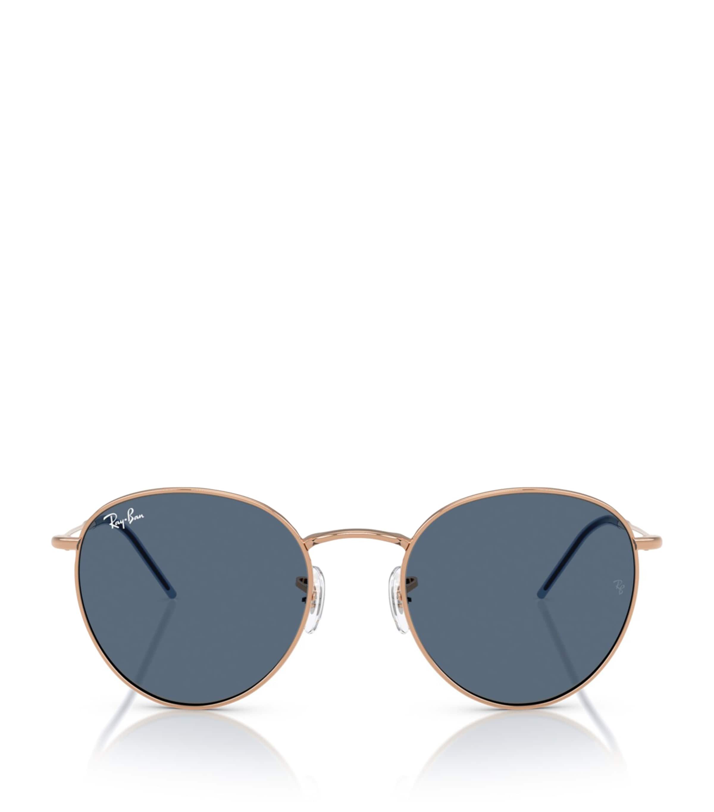Ray Ban Round Reverse Sunglasses Rose Gold Frame Blue Lenses 55-21 In Gold