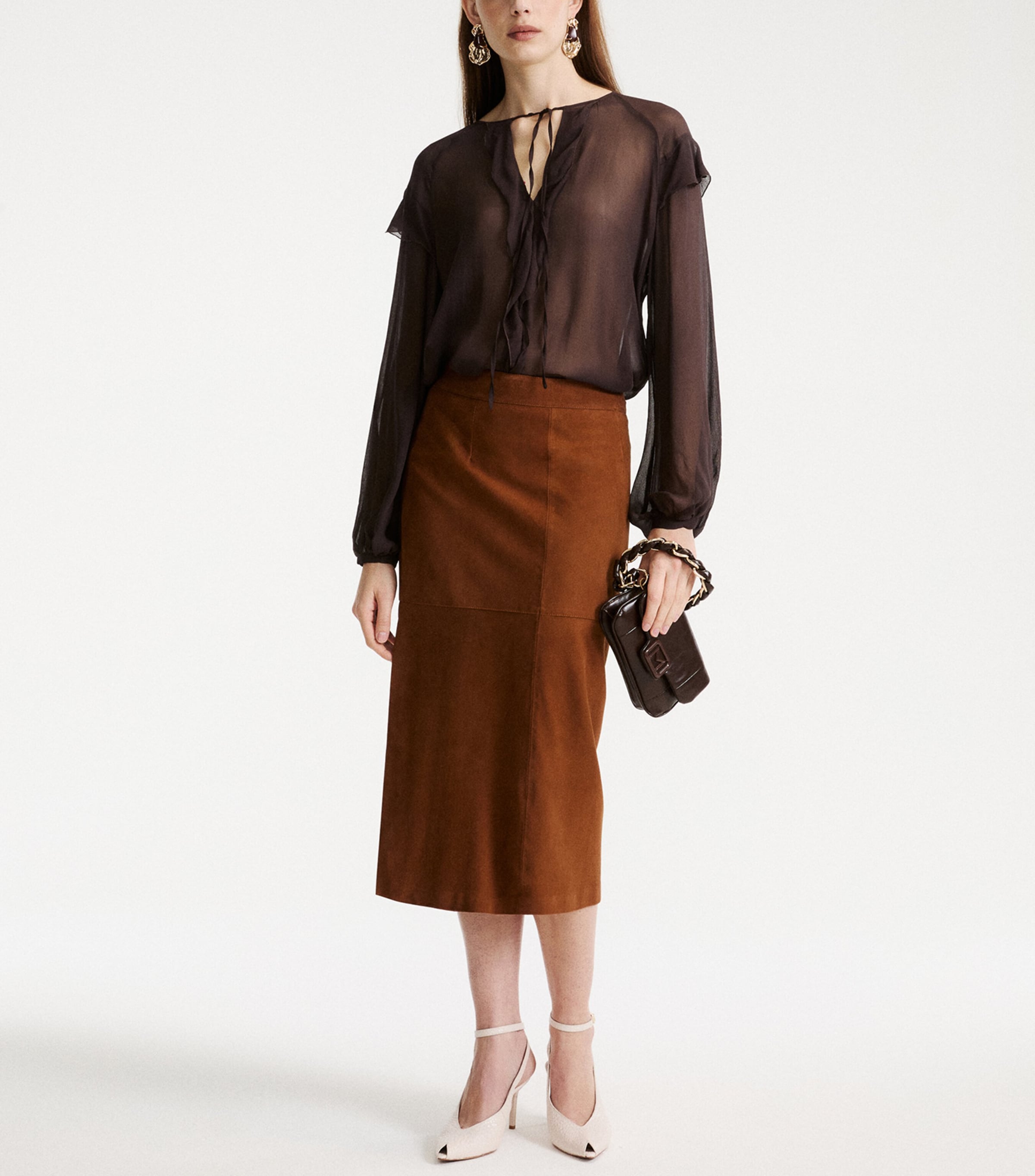 Marella Womens Suede Panelled Skirt Cognac Image 2