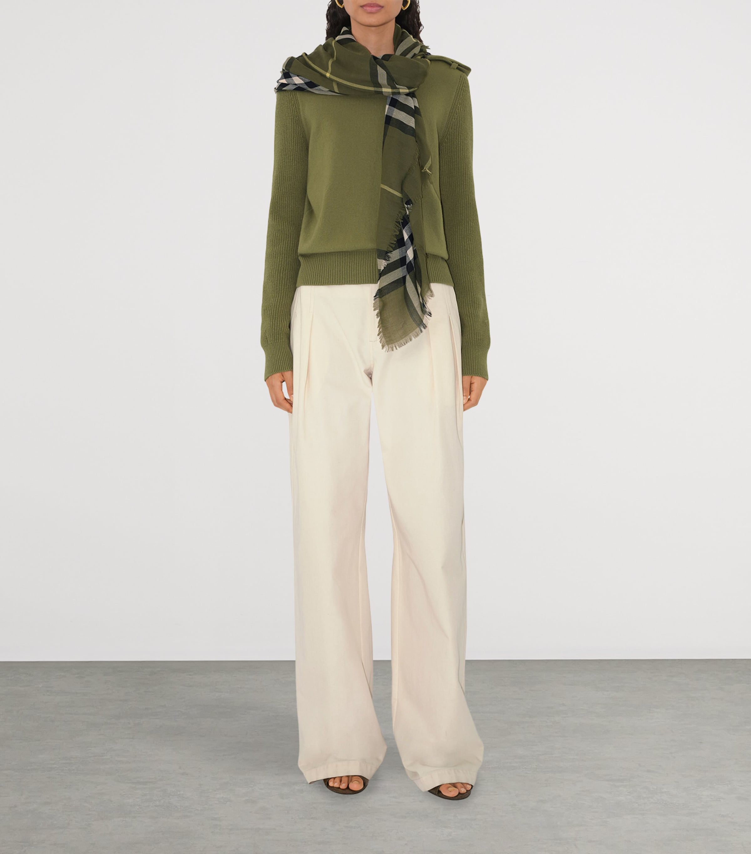 Wool Wide Check Scarf PEA GREEN Image 2