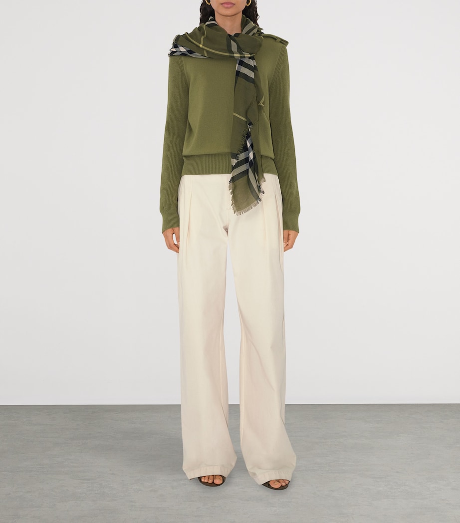 Wool Wide Check Scarf PEA GREEN Image 2