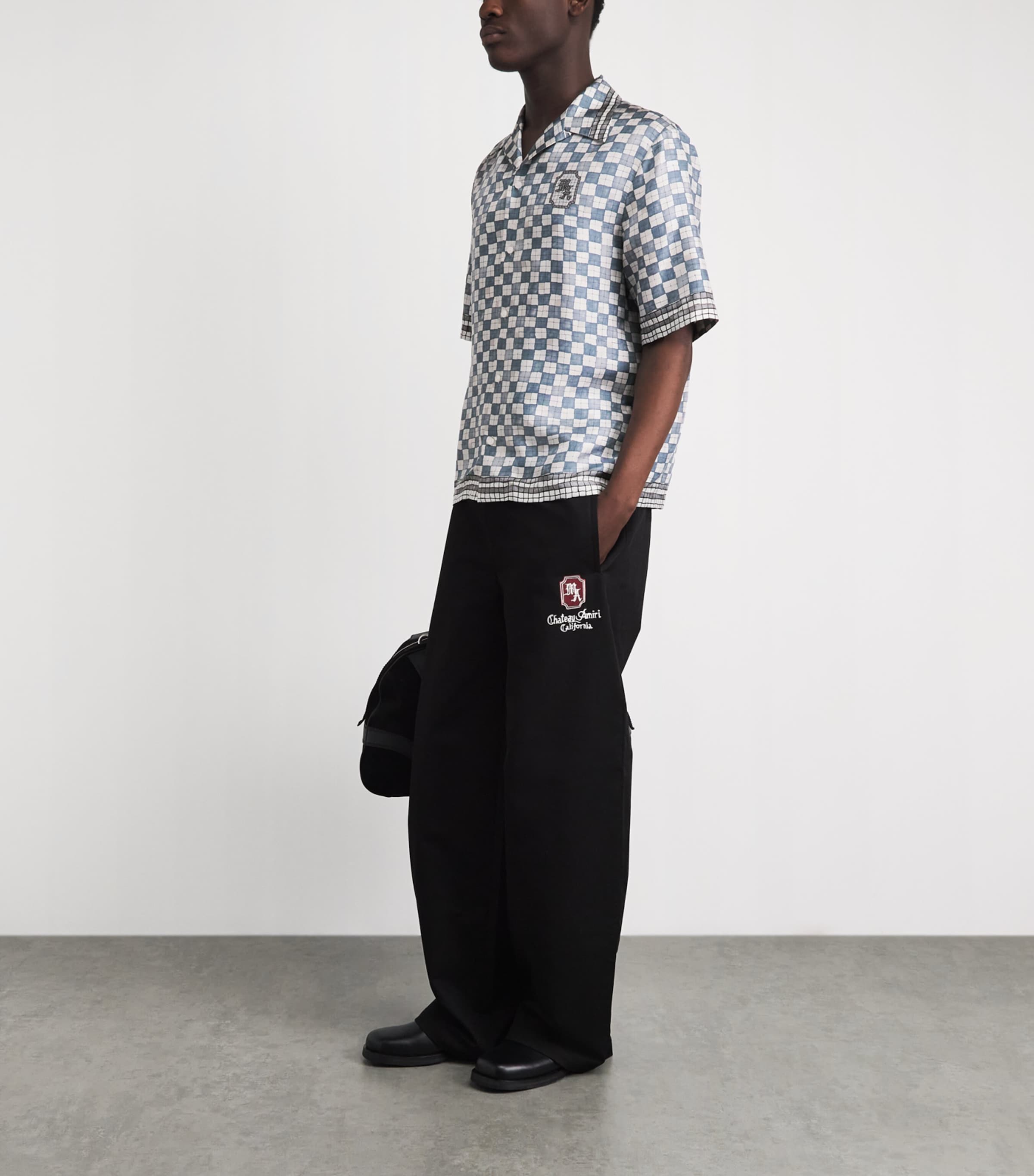 AMIRI Mens Silk Château Crest Bowling Shirt Steel Image 2