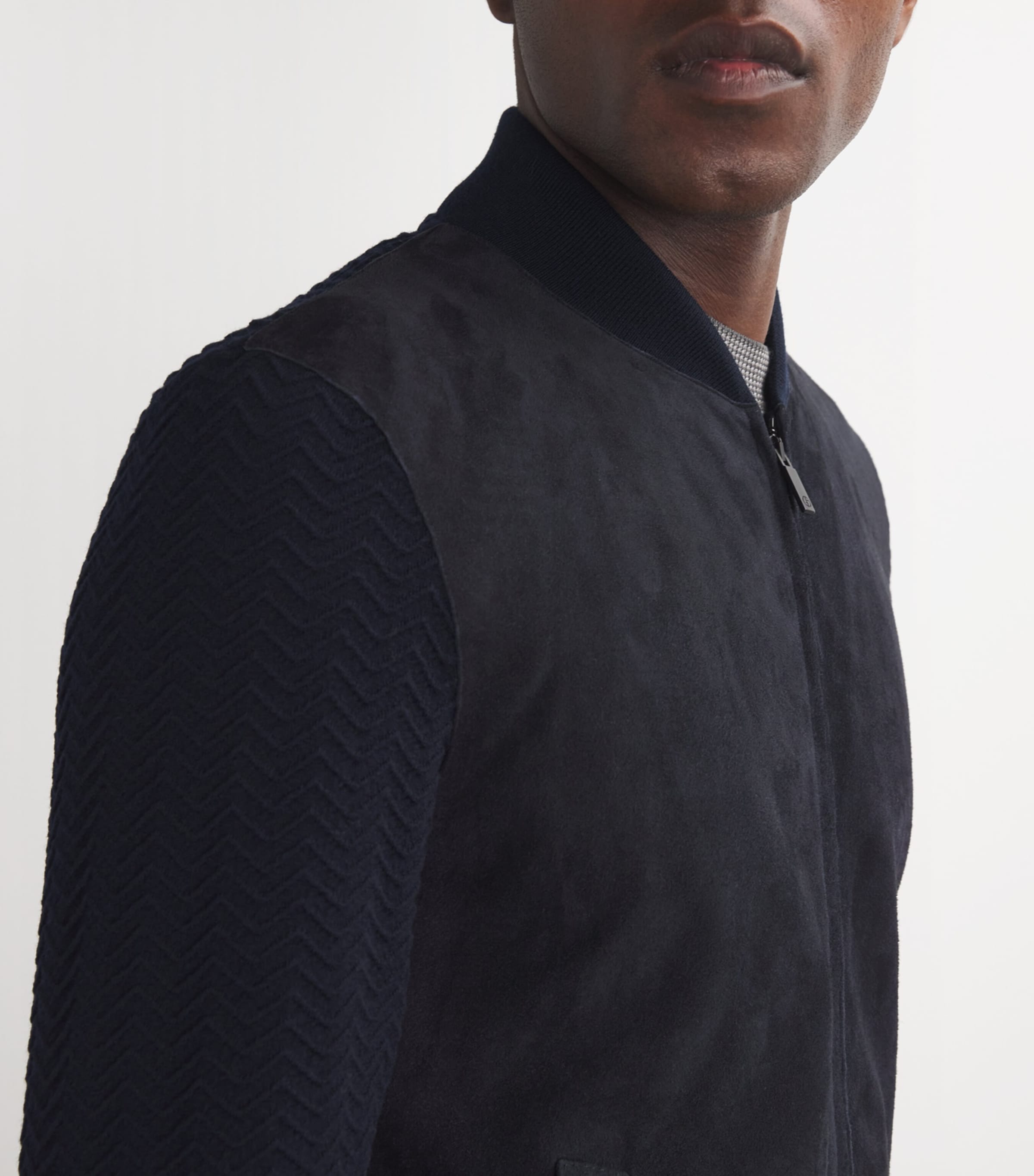 Giorgio Armani Blue Suede Virgin Wool-Sleeve Bomber Jacket Giorgio Armani Blue Suede Virgin Wool-Sleeve Bomber Jacket