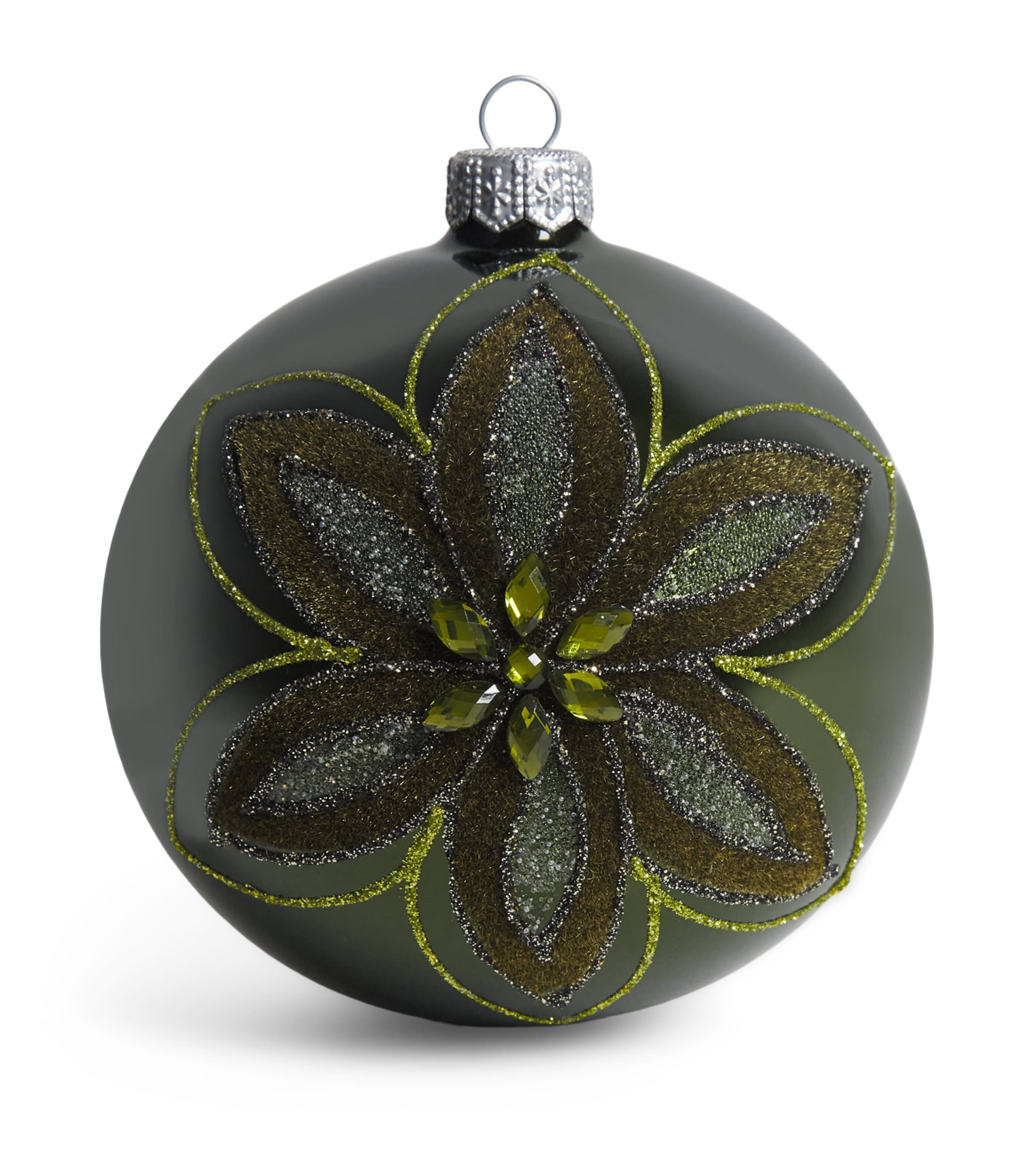 Harrods Glitter Flower Bauble Olive Lacquer Image 1