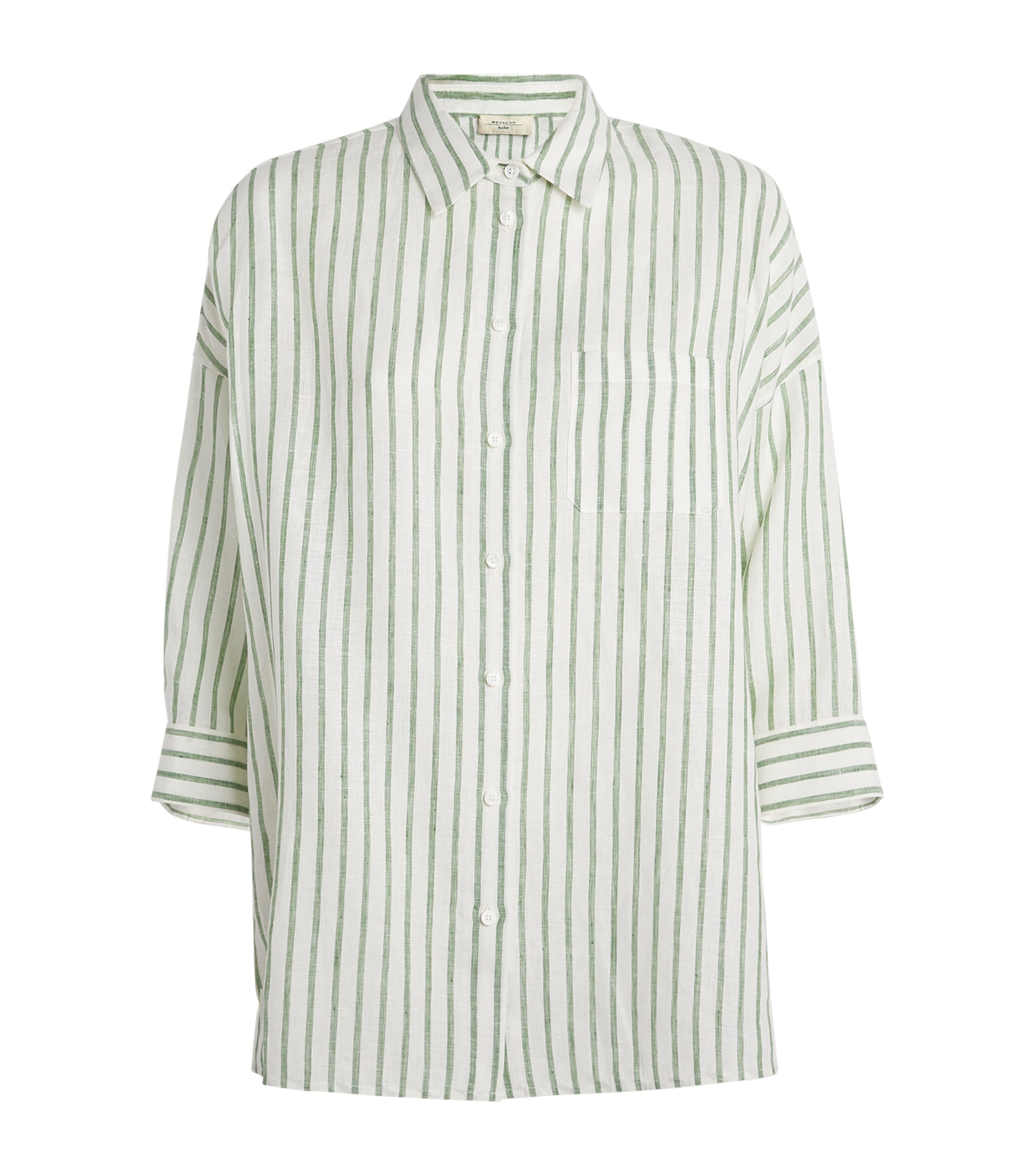 Weekend Max Mara Linen Cropped-sleeve Stripe Shirt In Green