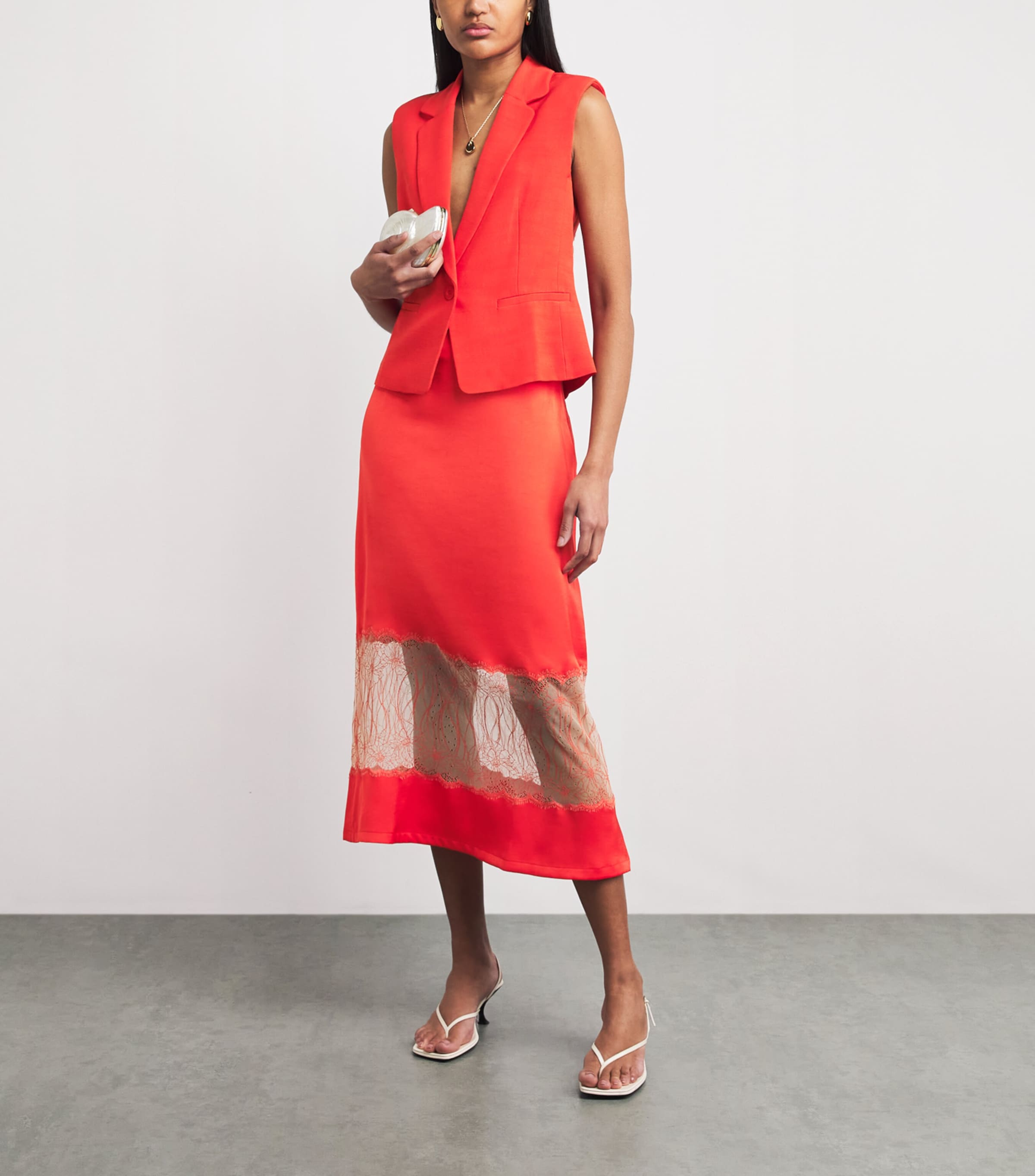 Claudie Pierlot Womens Satin Lace Midi Skirt Tangerine Image 2