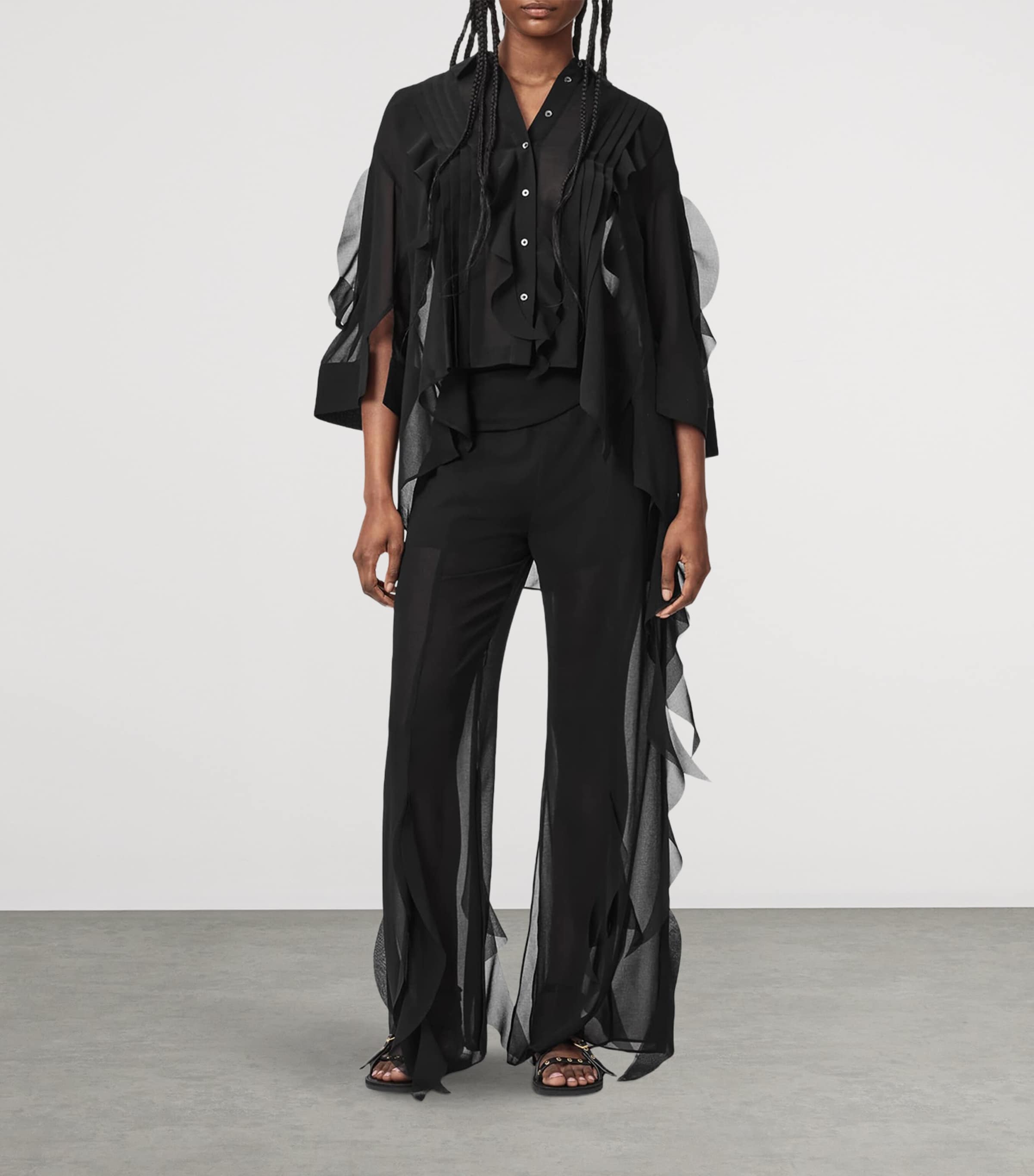 AllSaints Womens Chiffon Frill-Trim Minna Shirt Black Image 2