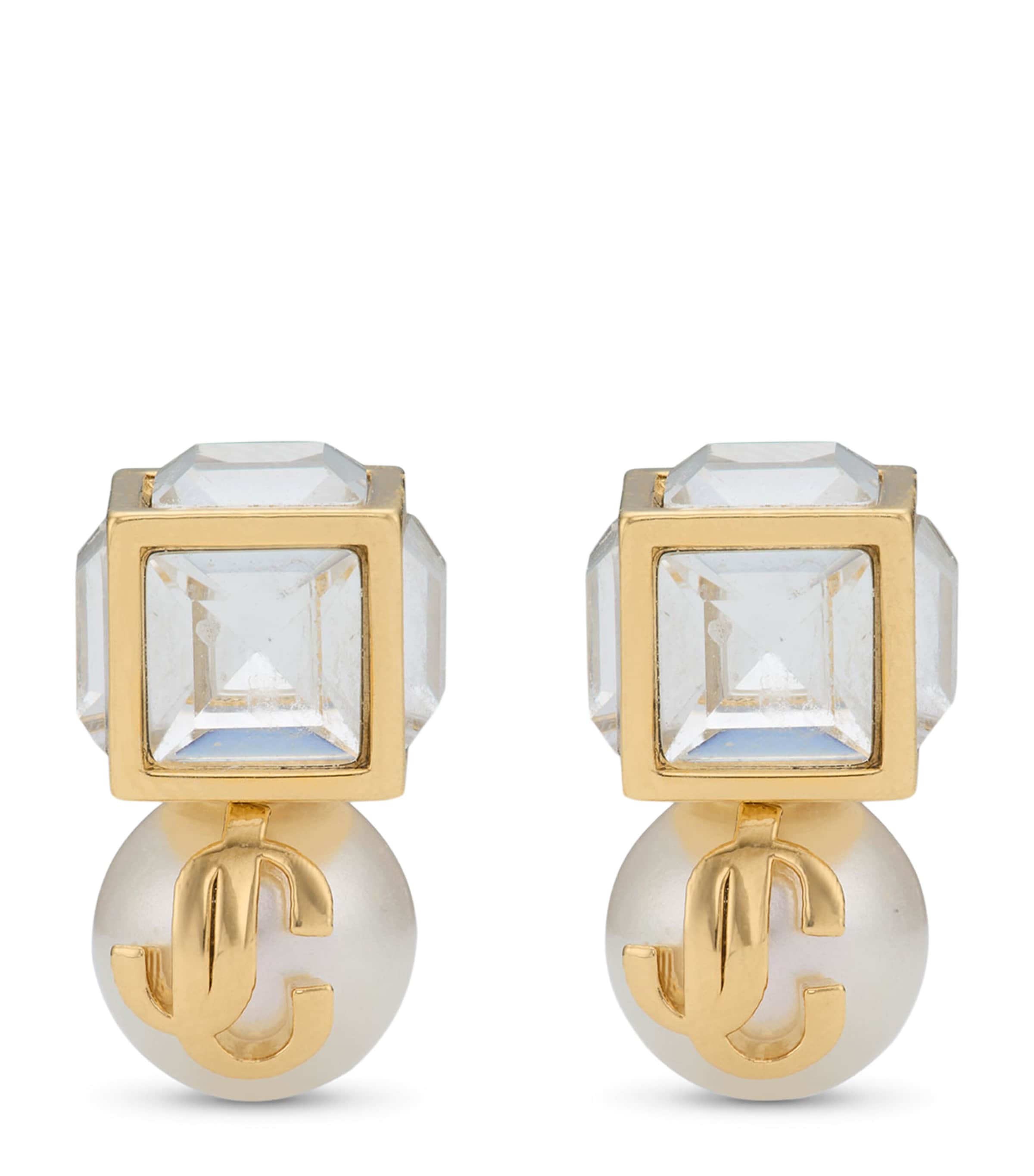 Jimmy Choo Faux Pearl Cube Logo Earrings Gold/white/crystal Image 1