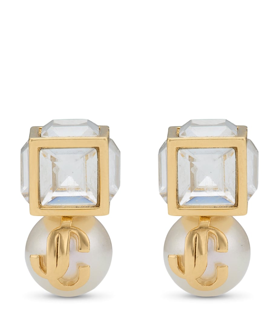 Jimmy Choo Faux Pearl Cube Logo Earrings Gold/white/crystal Image 1