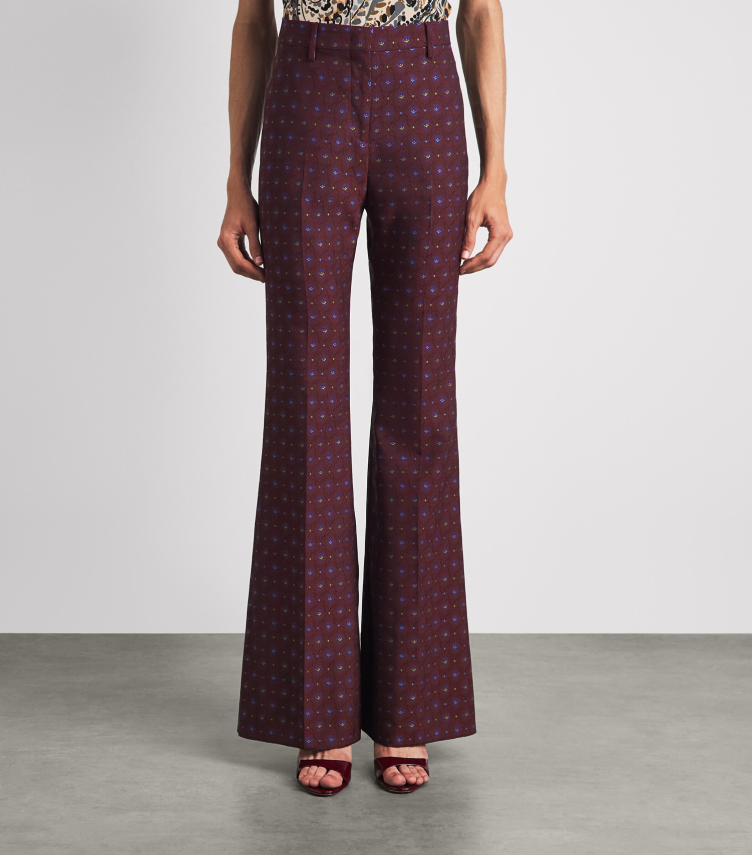 Etro Womens Wool-Cotton Floral Flared Trousers Burgundy Image 4