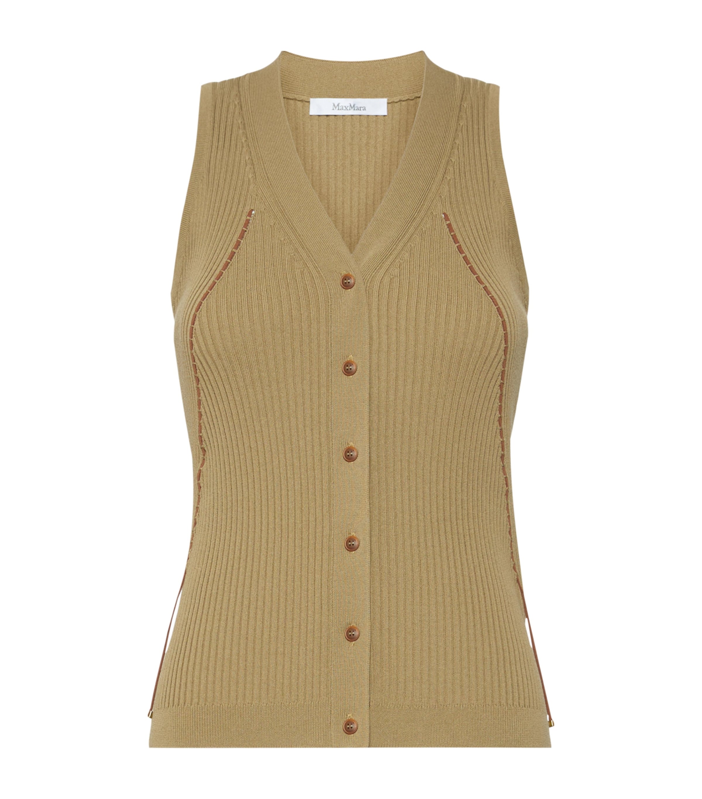 Max Mara Womens Knitted Contrast-Trim Waistcoat Kaki Image 1