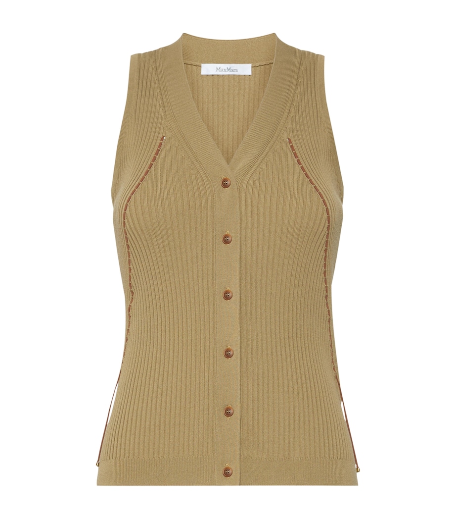 Max Mara Womens Knitted Contrast-Trim Waistcoat Kaki Image 1