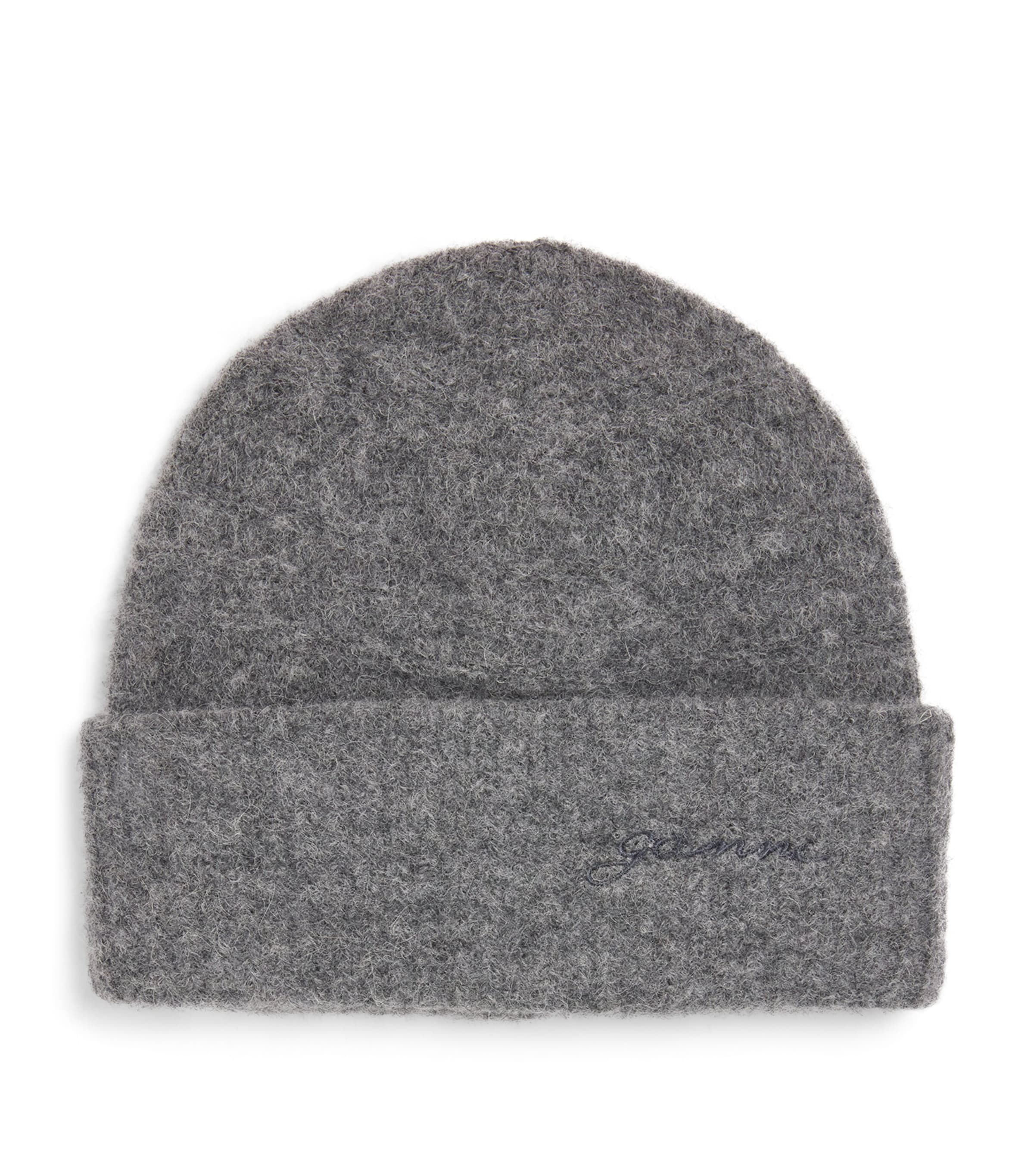 Ganni Embroidered Logo Beanie In Gray