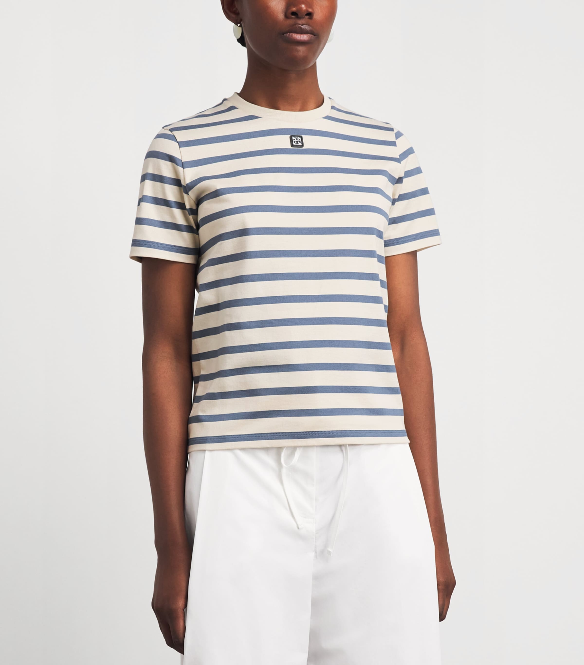 Tory Burch Womens Cotton Stripe Logo T-Shirt Lght Ivry/blu Sp Image 4
