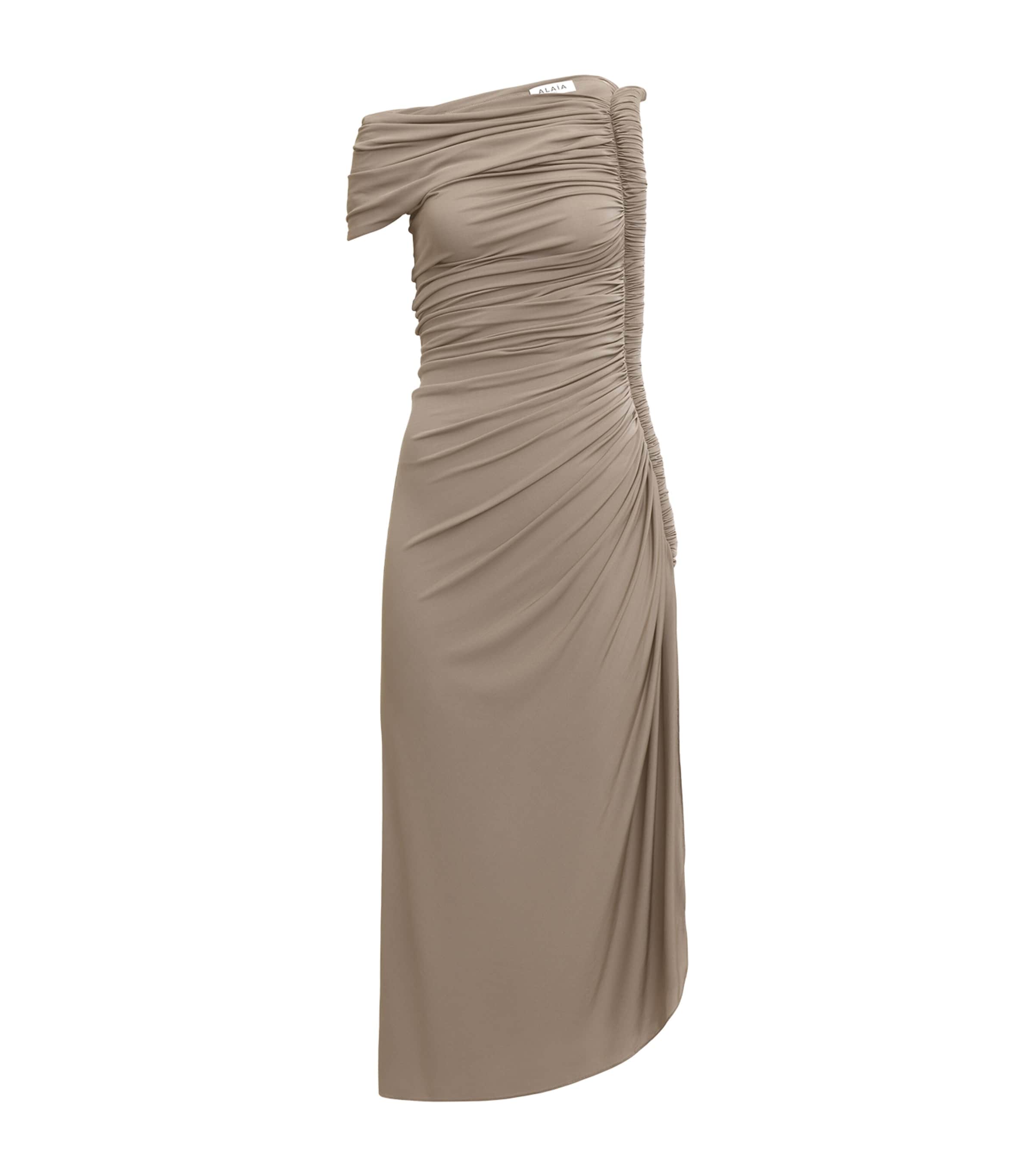 Shop Alaïa Asymmetric Pipe Midi Dress In Beige