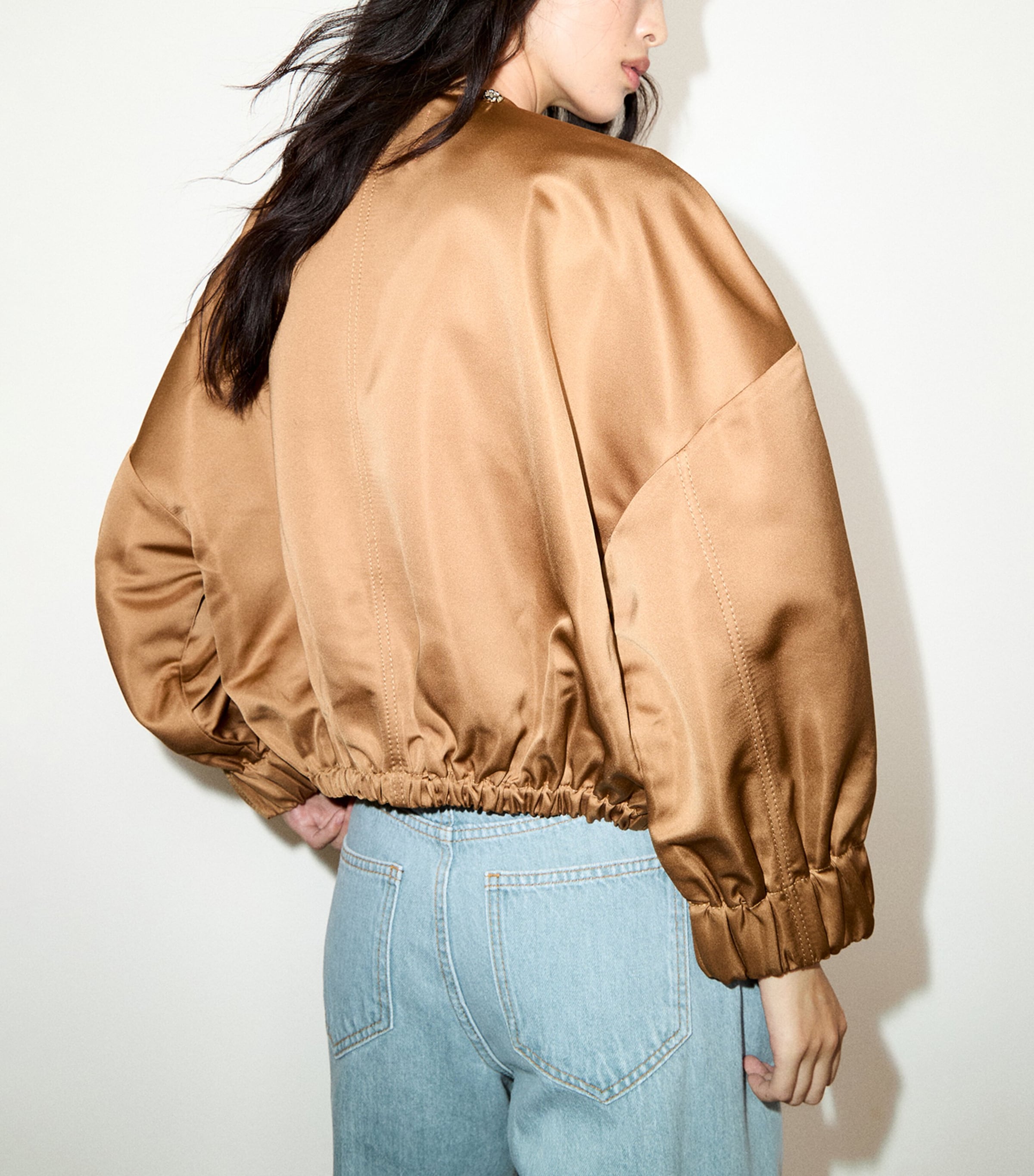 MAX&Co. Womens Satin Bomber Jacket Beige Image 3
