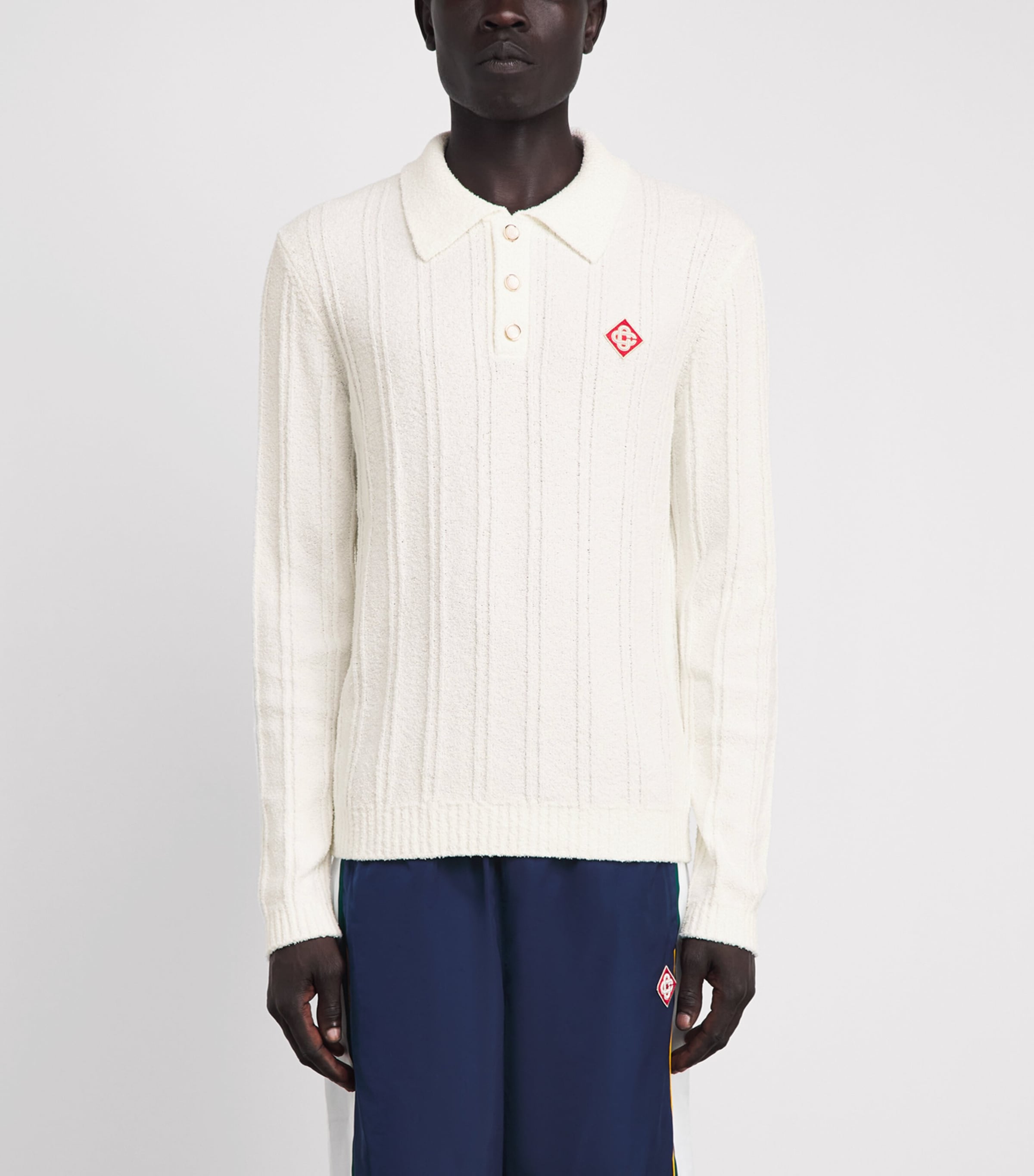 Casablanca Mens Boucle Long-Sleeve Polo Sweater White Image 4